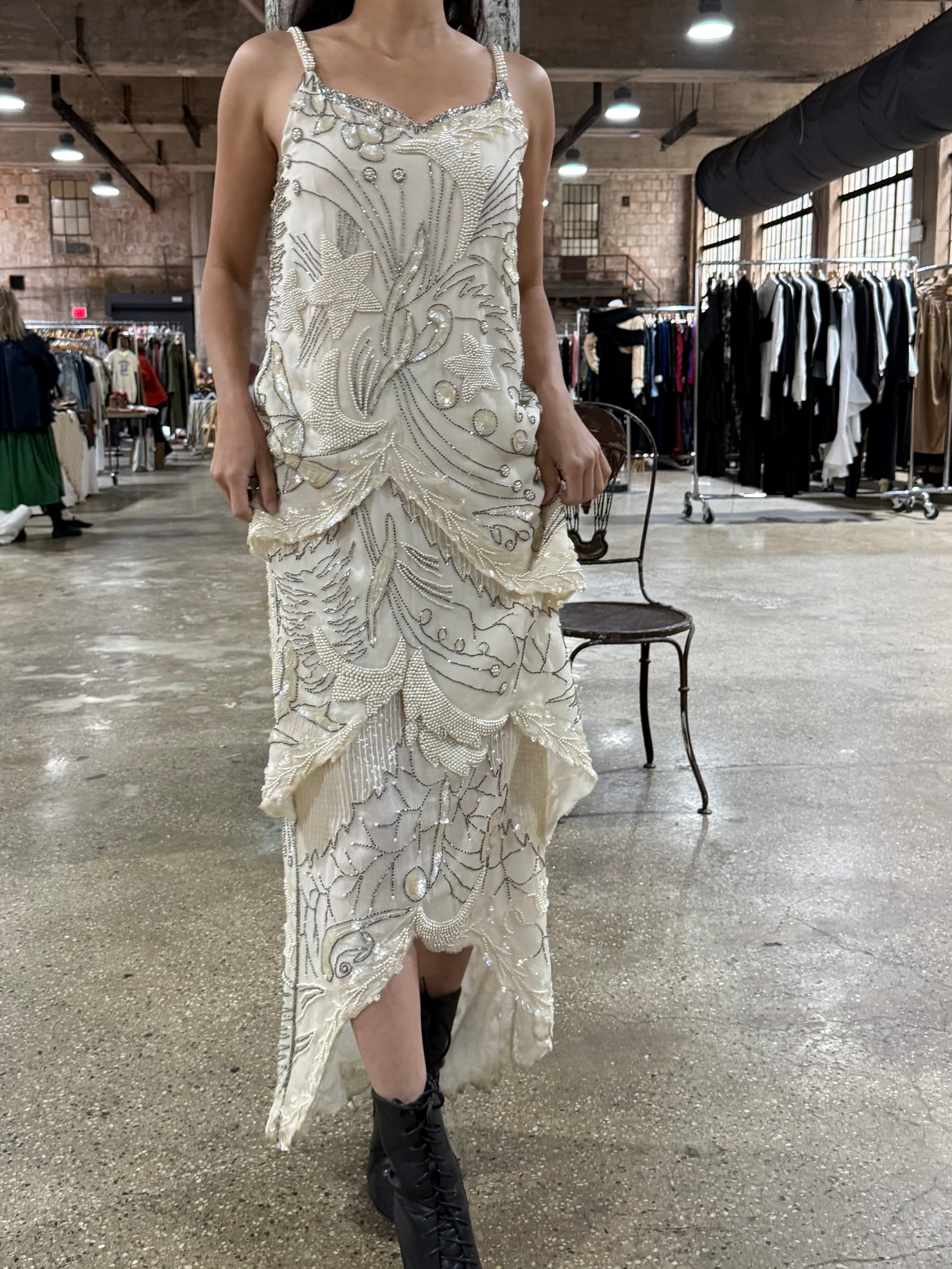 1980s Silk Chiffon Seed Pearls Stars Dress - S