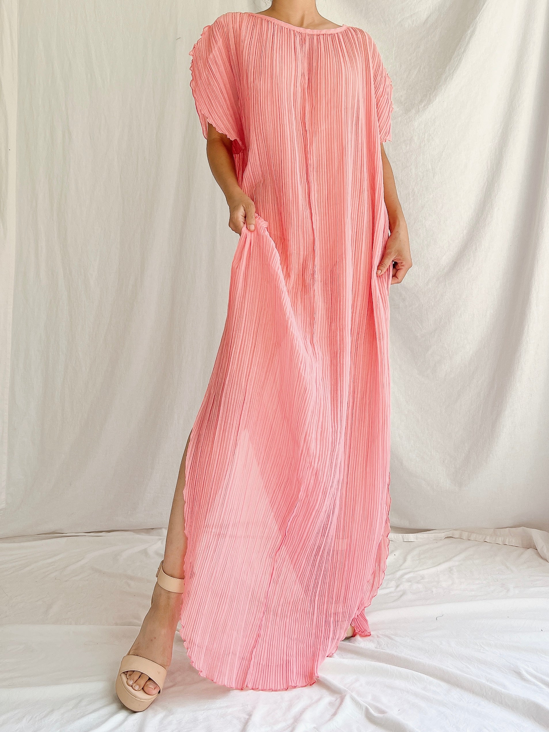 Vintage Coral Pink Cotton Pleated Tunic - OSFM