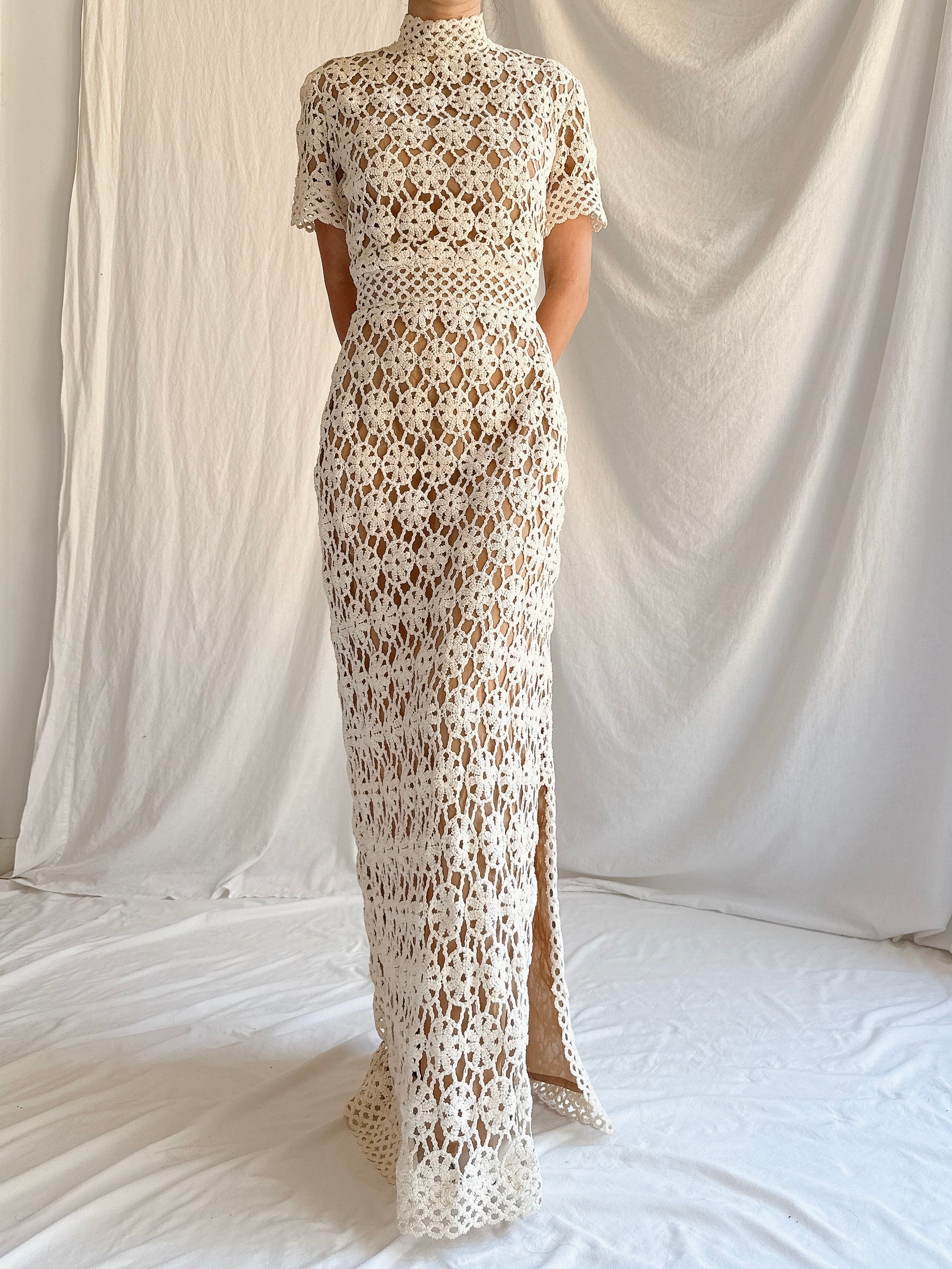 1960s Cotton Crochet Mock Neck Gown - XS/4