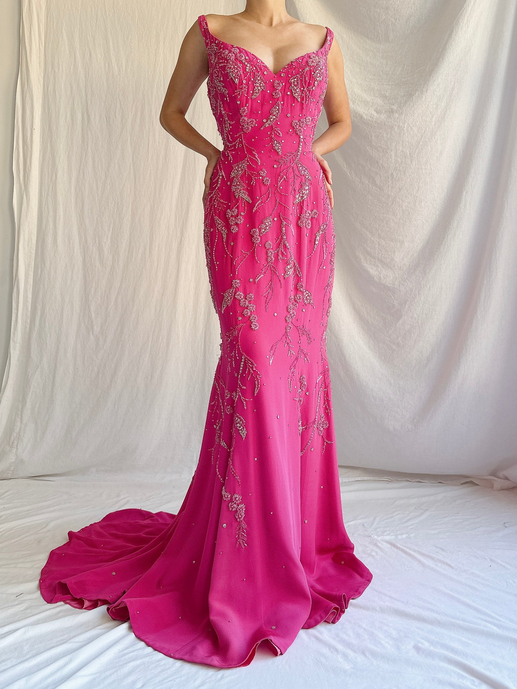 Vintage Hot Pink Silk Beaded Gown - M