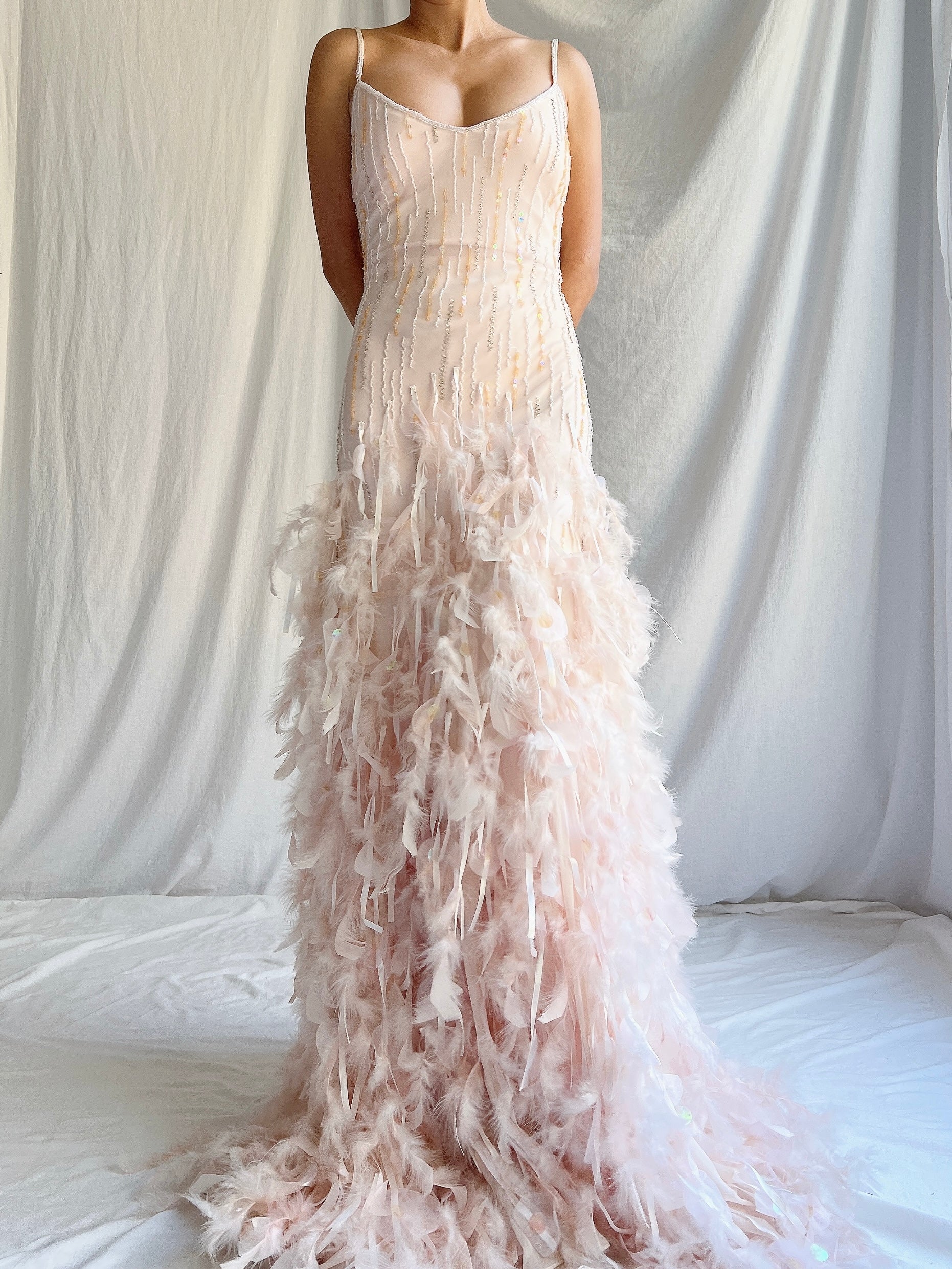 Vintage Blush Silk Feathered Gown - M