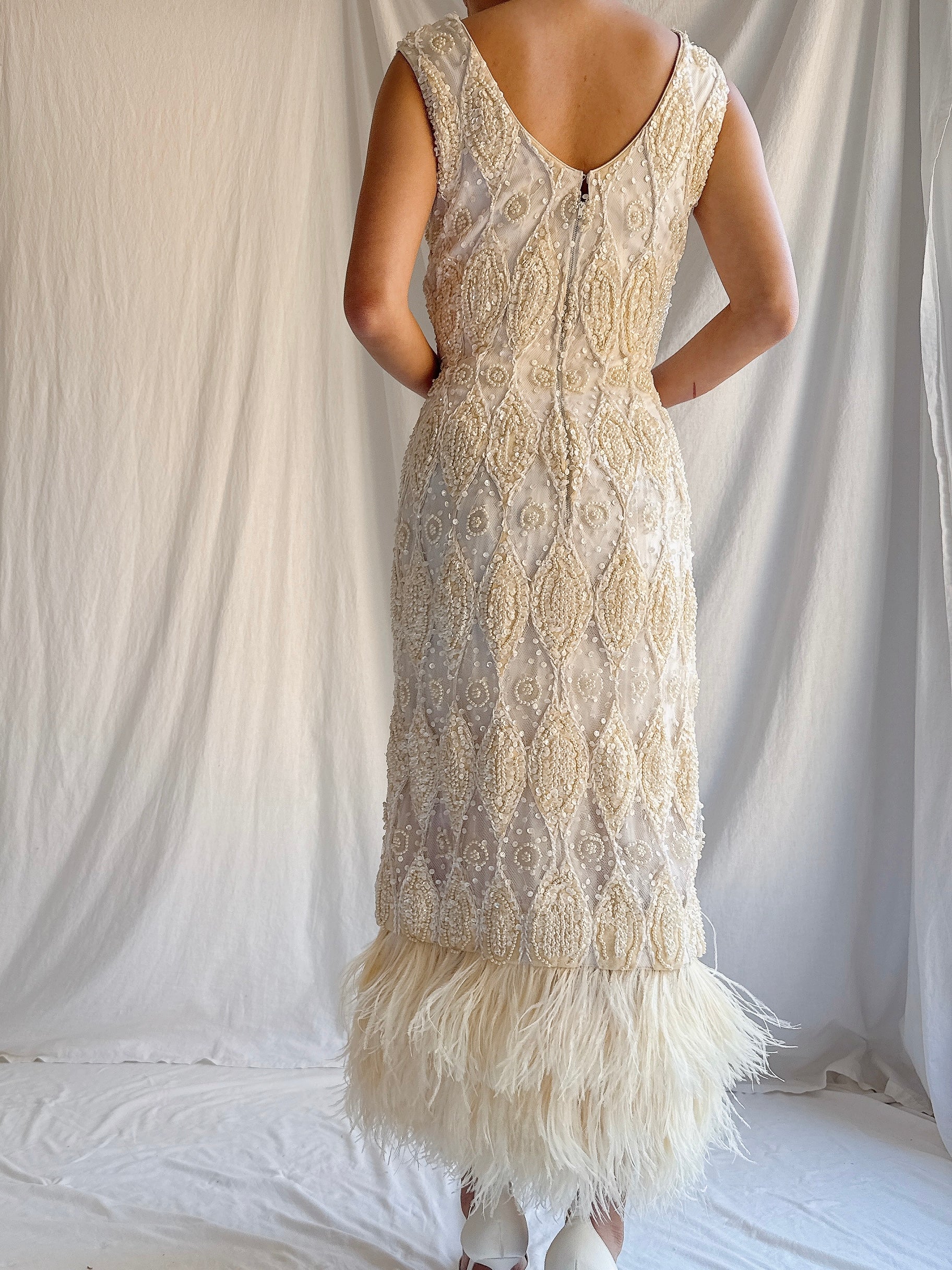 1960s Tulle Beaded Gown with Feather Embellishment - S 4-6