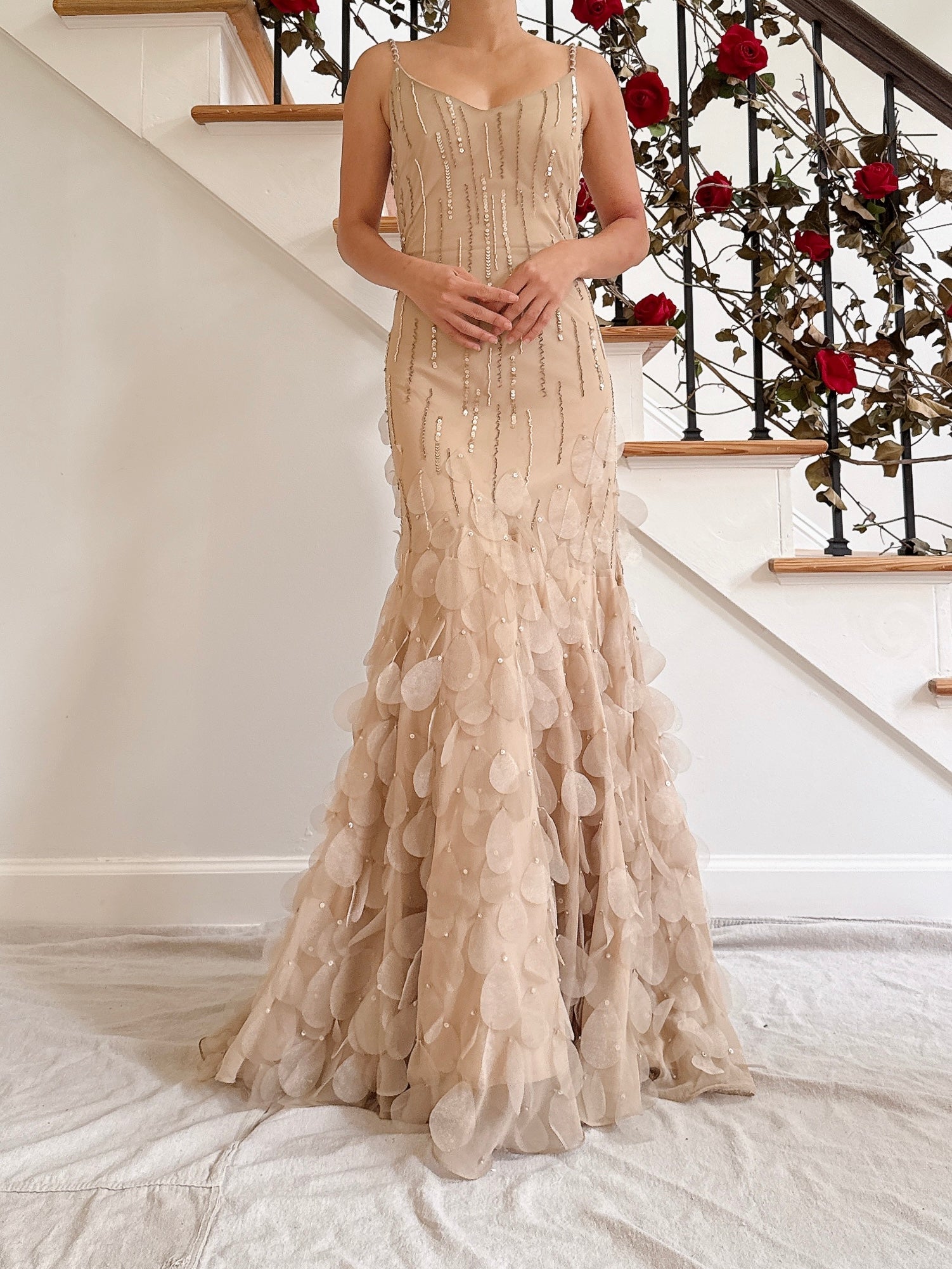 Vintage Bias Cut Nude Silk Petal Gown - Size S/M