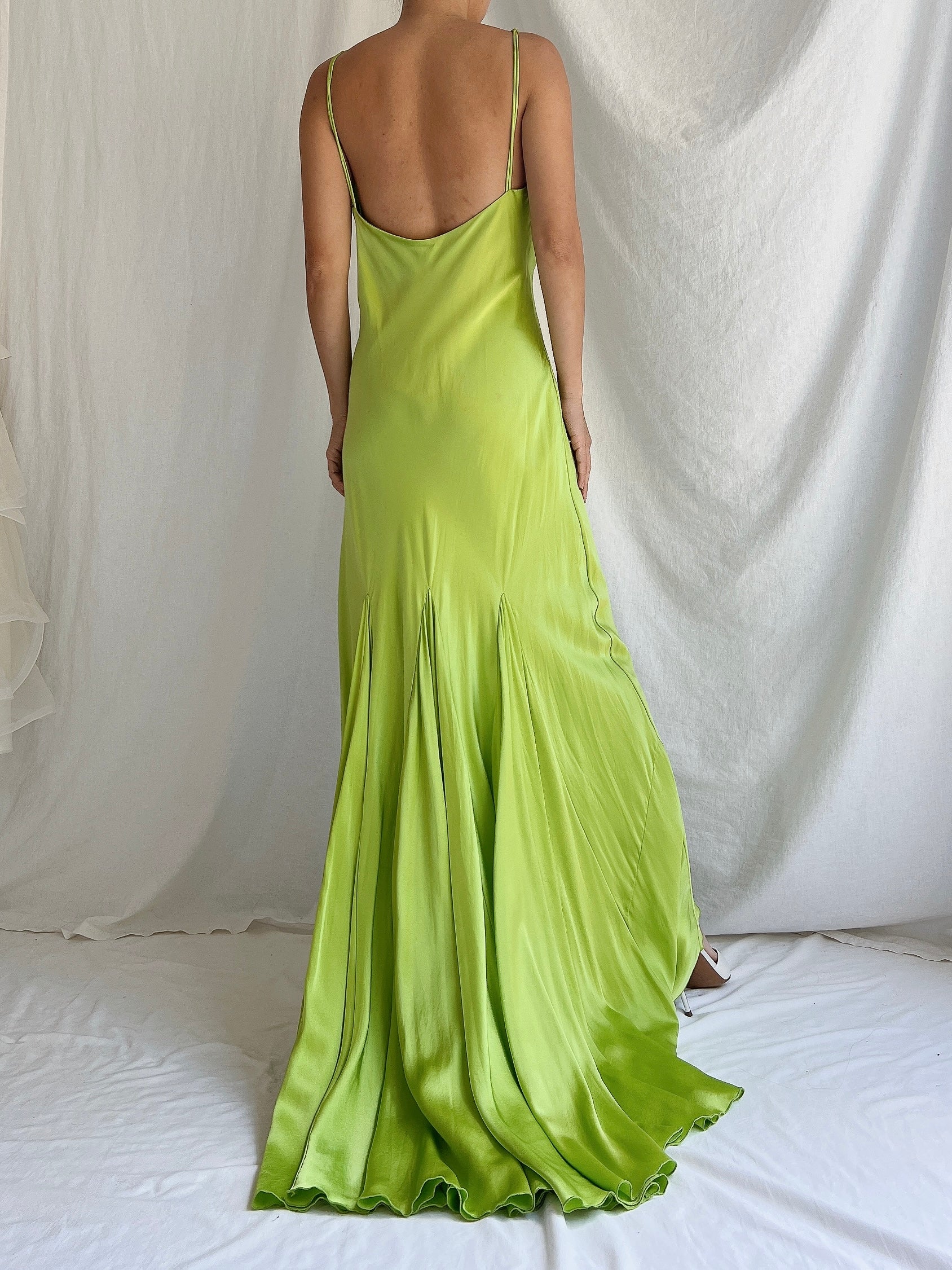 1990s Silk Chartreuse Asymmetrical Hem Gown - S