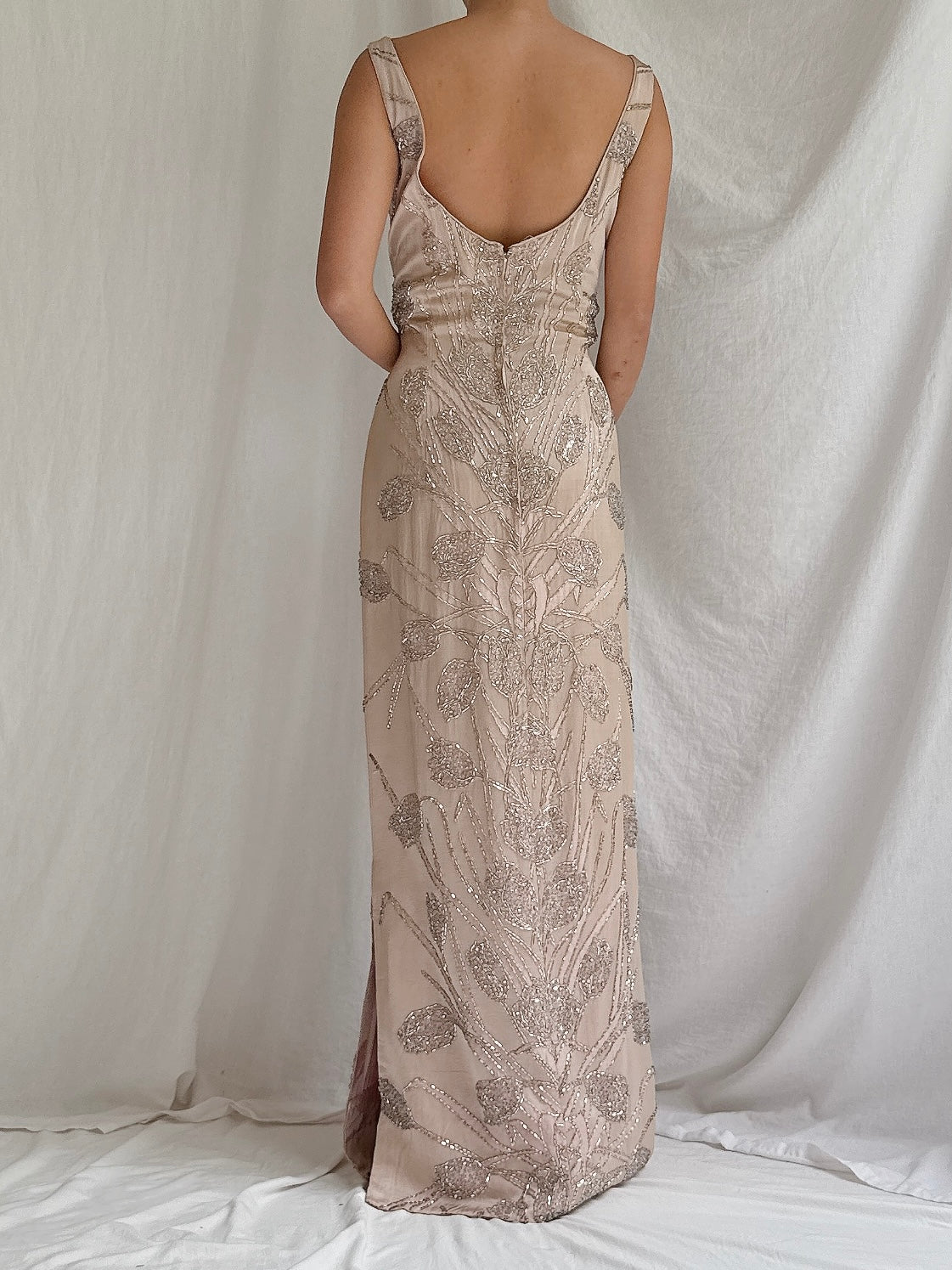 1960s Dusty Pink Silk Beaded Gown - M