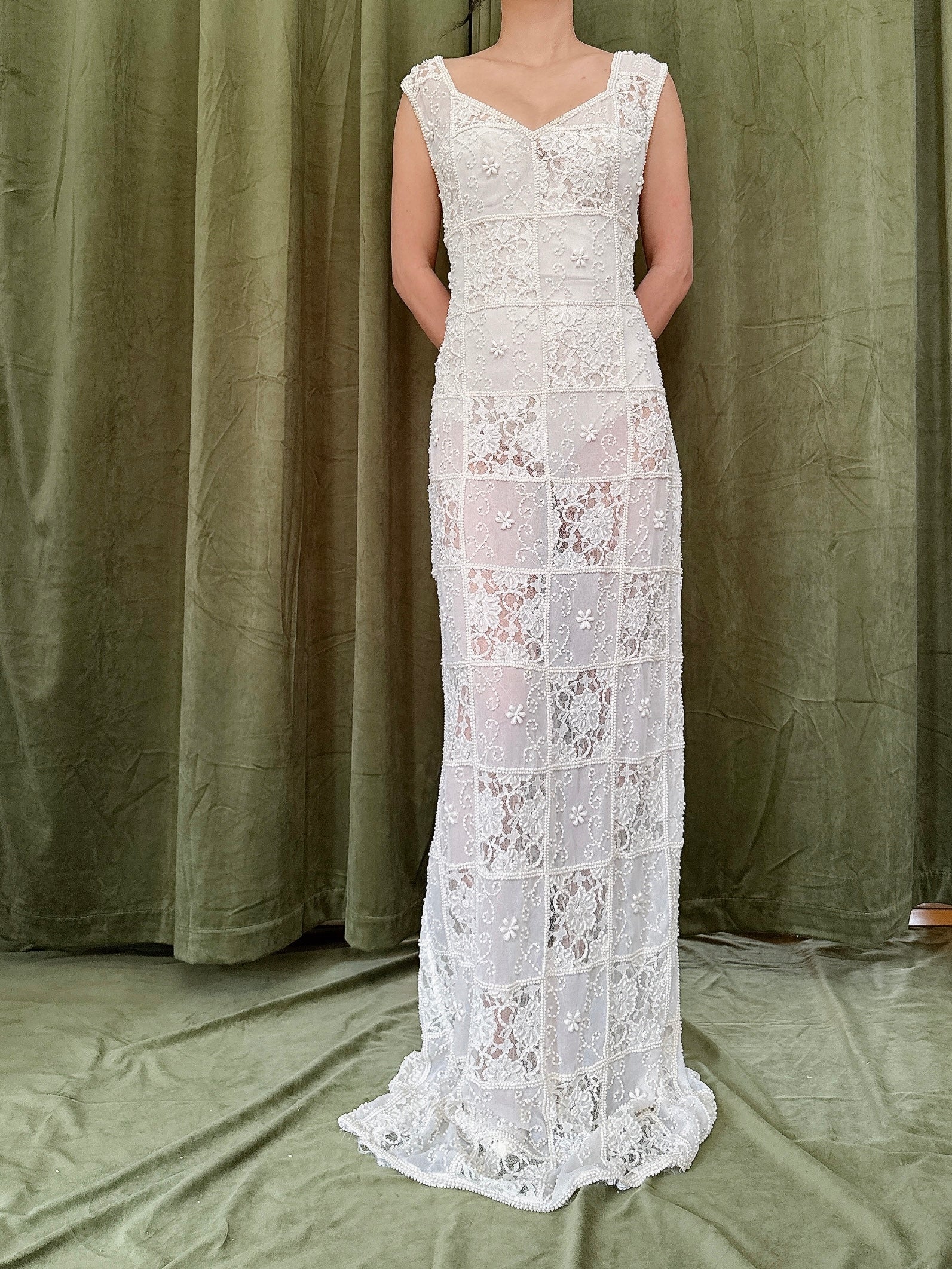 Vintage Sheer Beaded Dress - L 32W/42H/38B/61L
