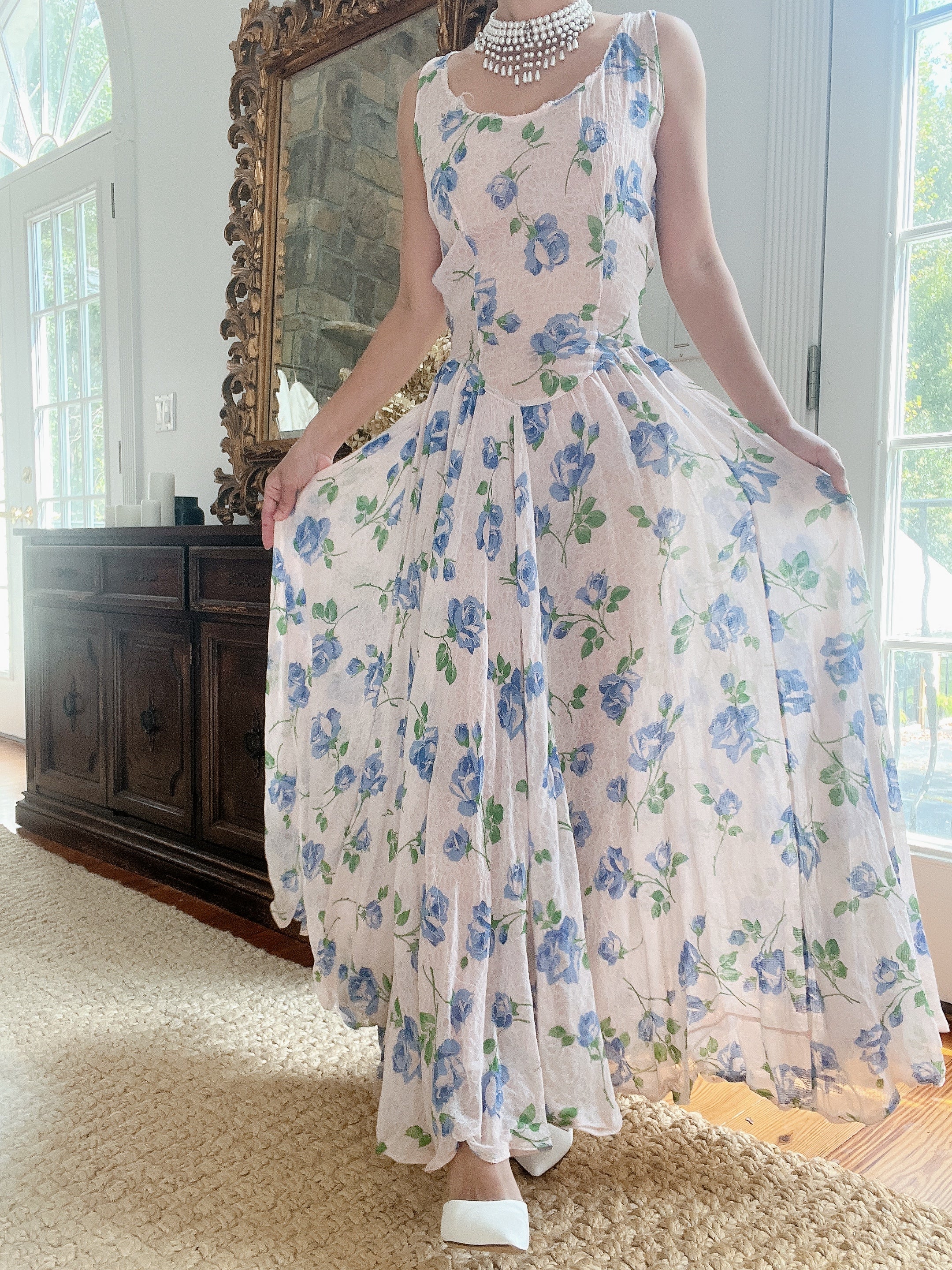 1940s Blue Floral Dress - M