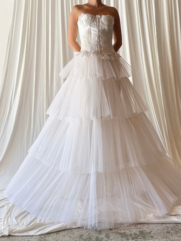 1950s Pleated Tiered Tulle Gown with Bustier - XS