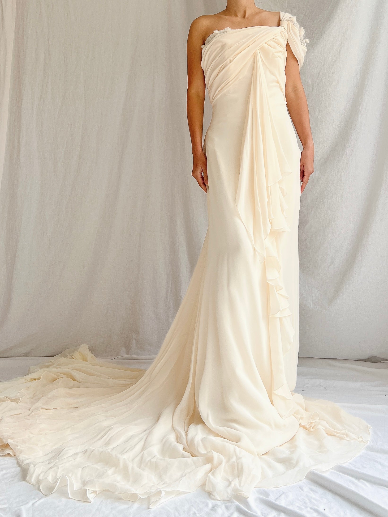 Vintage Silk One-Shoulder Gown - M