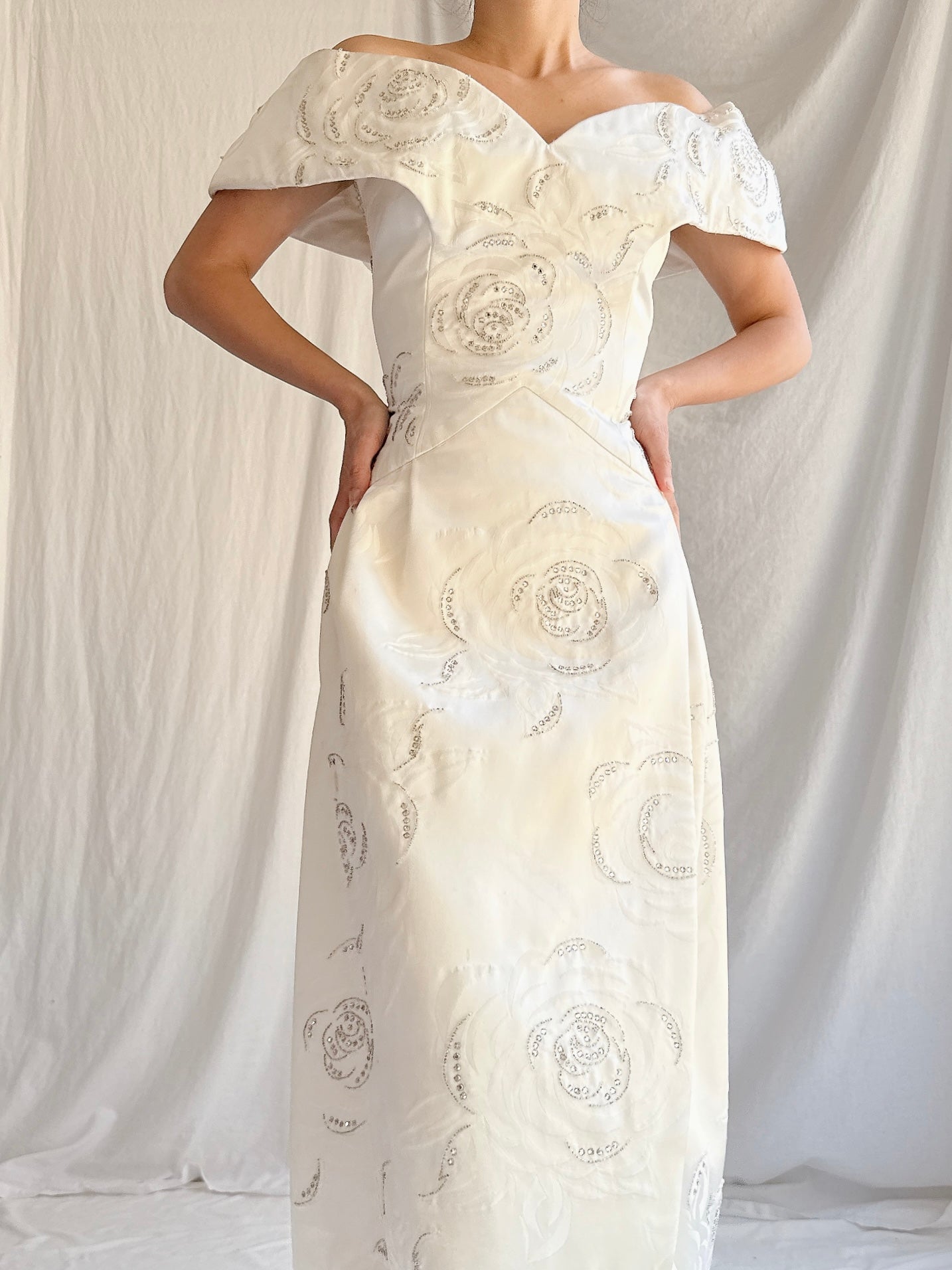 1980s Satin Rhinestone Roses Gown - M/L