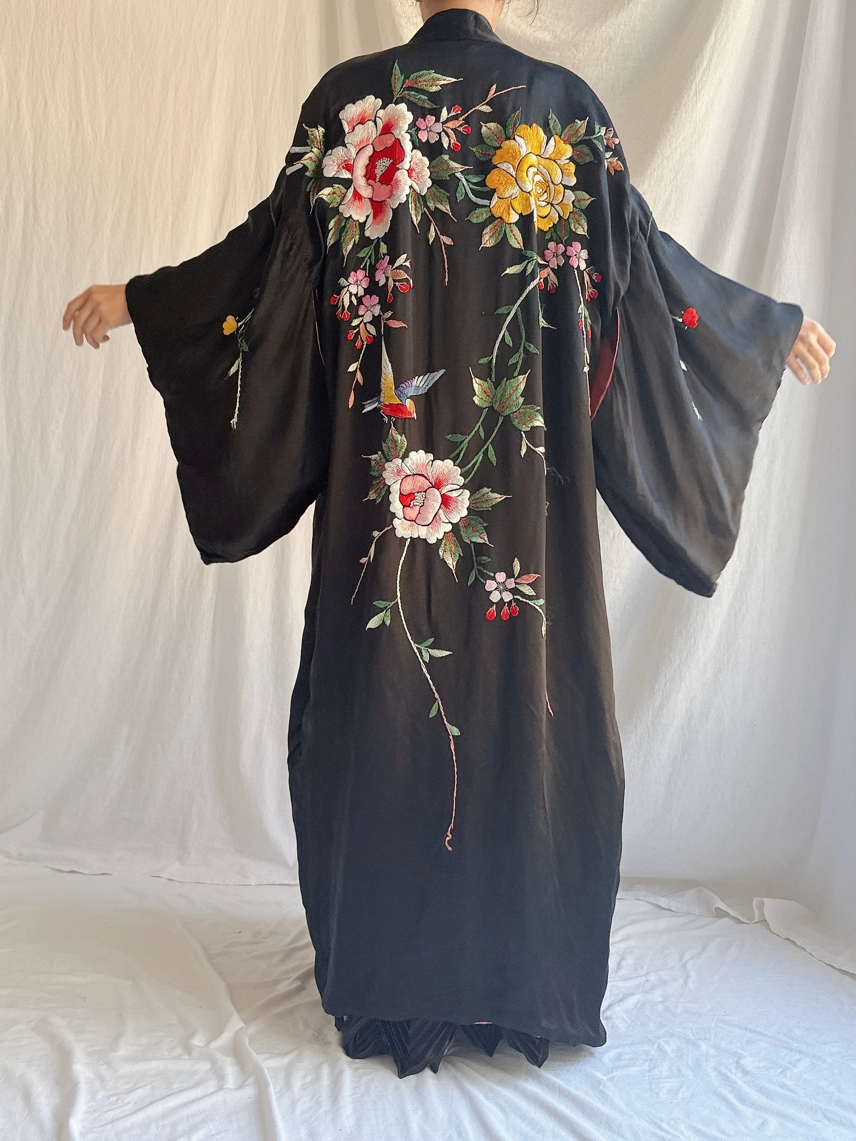 Antique Embroidered Satin Kimono - OSFM