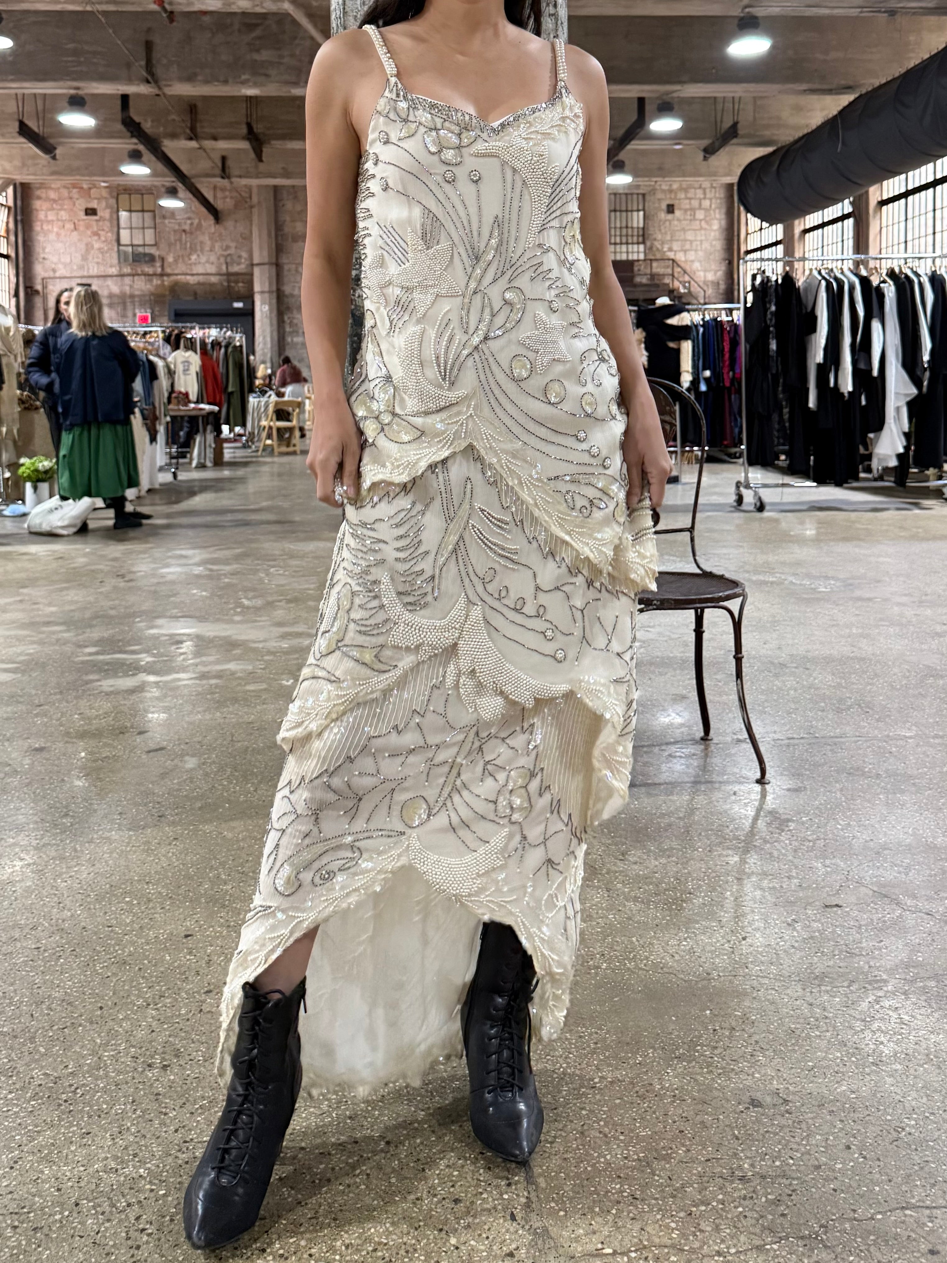 1980s Silk Chiffon Seed Pearls Stars Dress - S