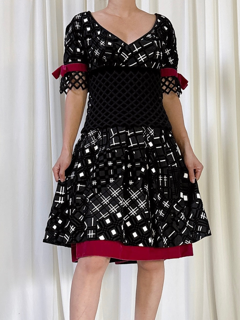 Vintage Bellville Sassoon Black and White Velvet Short Dress - S