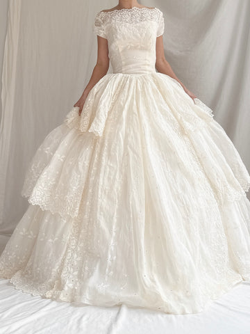 1950s Organdy Embroidered Gown - XS/S