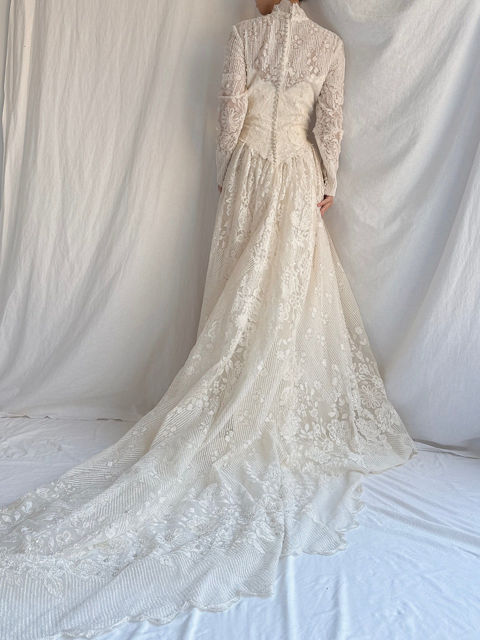 Vintage Embroidered Beaded Lace Gown - S