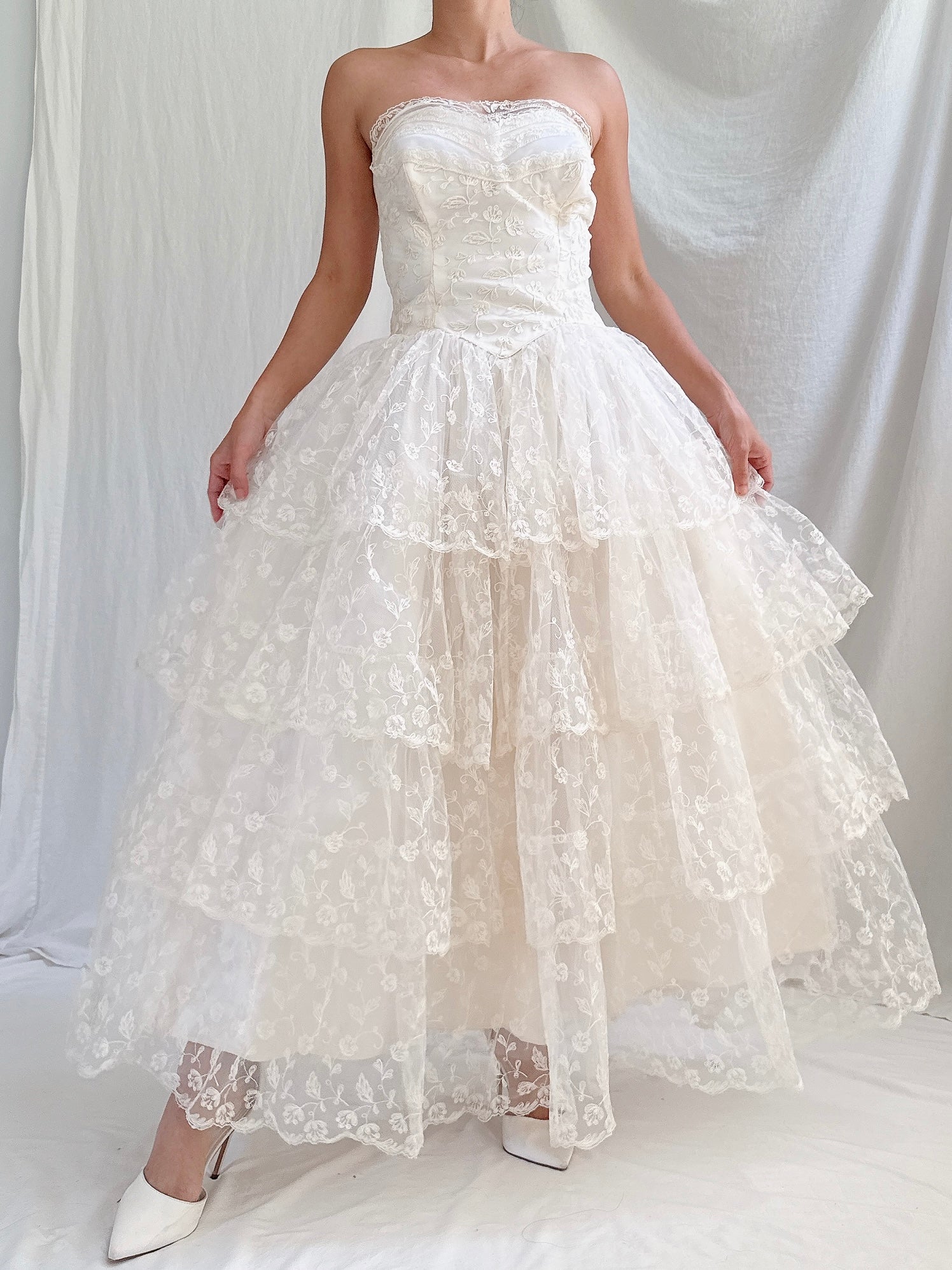 1950s Embroidered Tulle Dress -XS