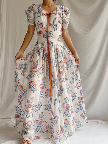 1940s Floral Chiffon Dress - XS