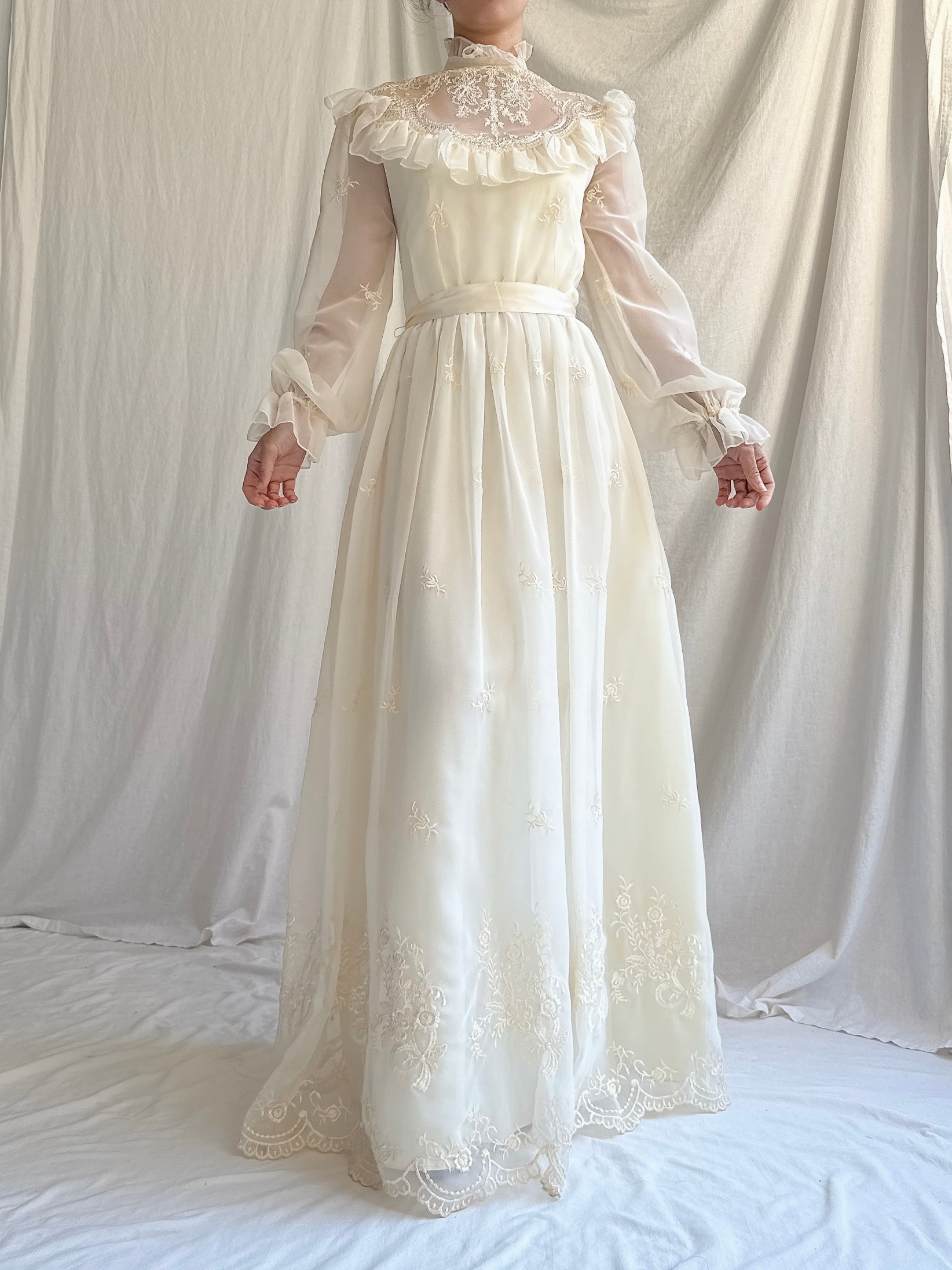 1980s Chiffon Embroidered Dress - XS/S