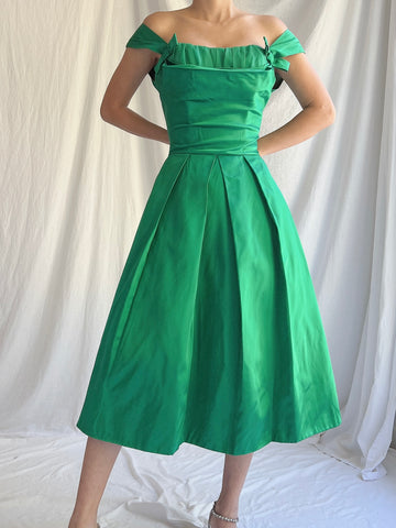 1950s Emerald Satin Dress - XS