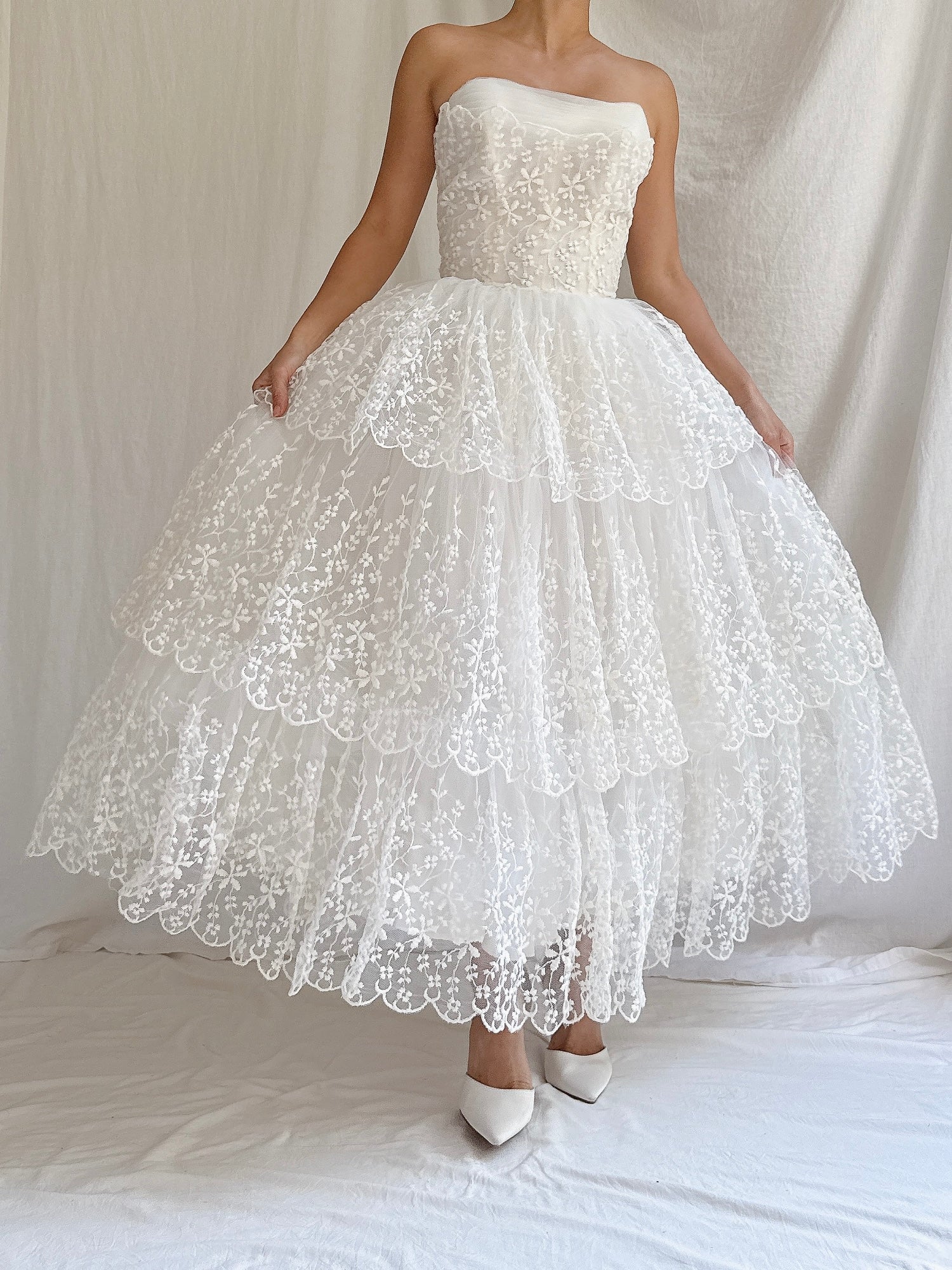 1950s Tulle Embroidered Dress - XS