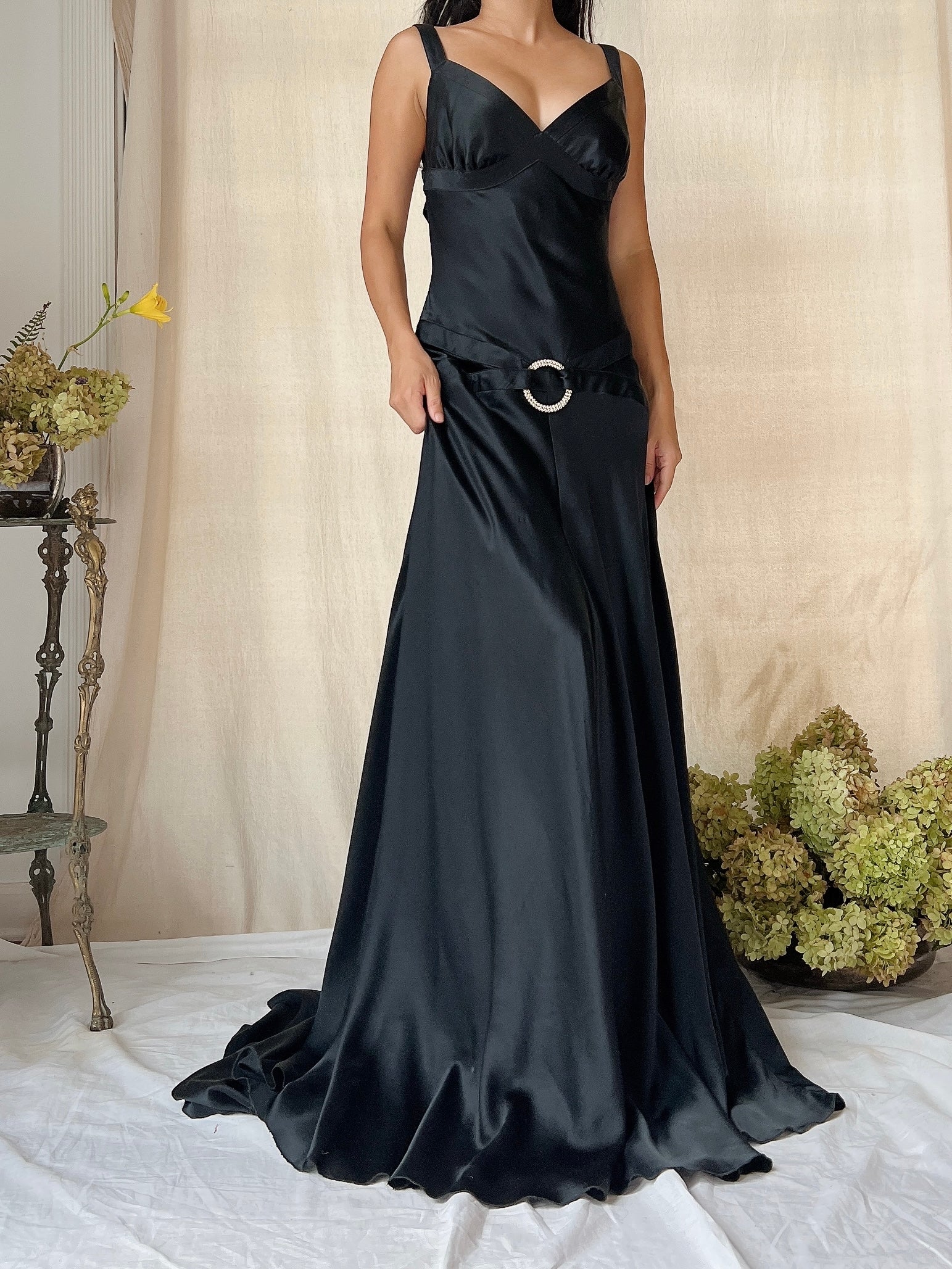 Vintage Black Silk Bias Cut Gown - S/M