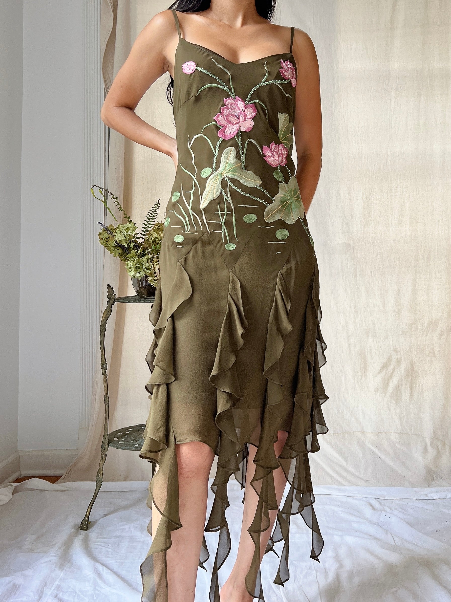 Vintage Lotus Silk Fringe Dress - S/M