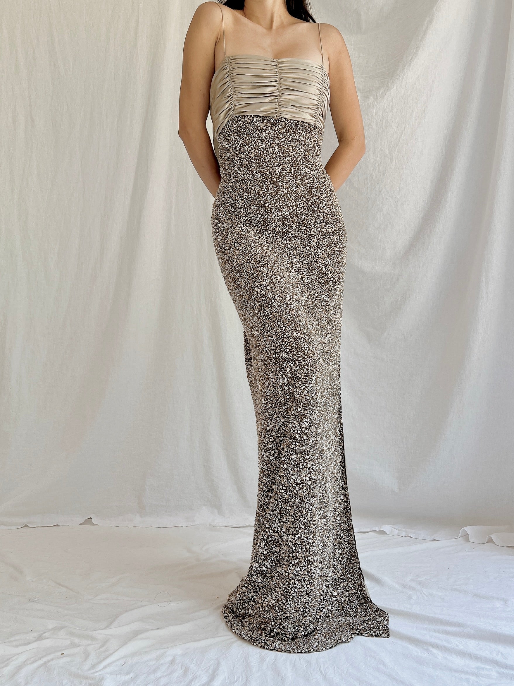 Y2K Taupe/Chocolate Beaded Silk Gown - M