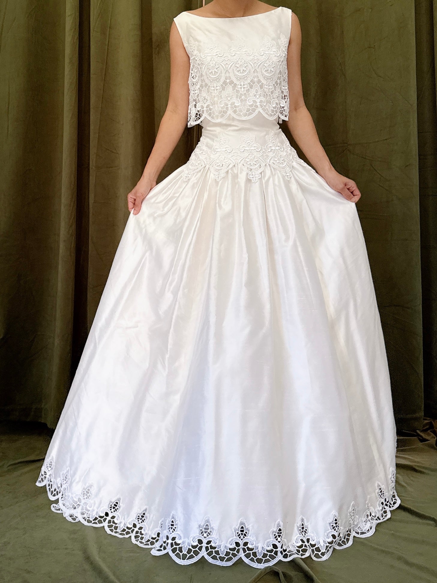 Vintage Raw Silk Embroidered Cutout Gown - S/4