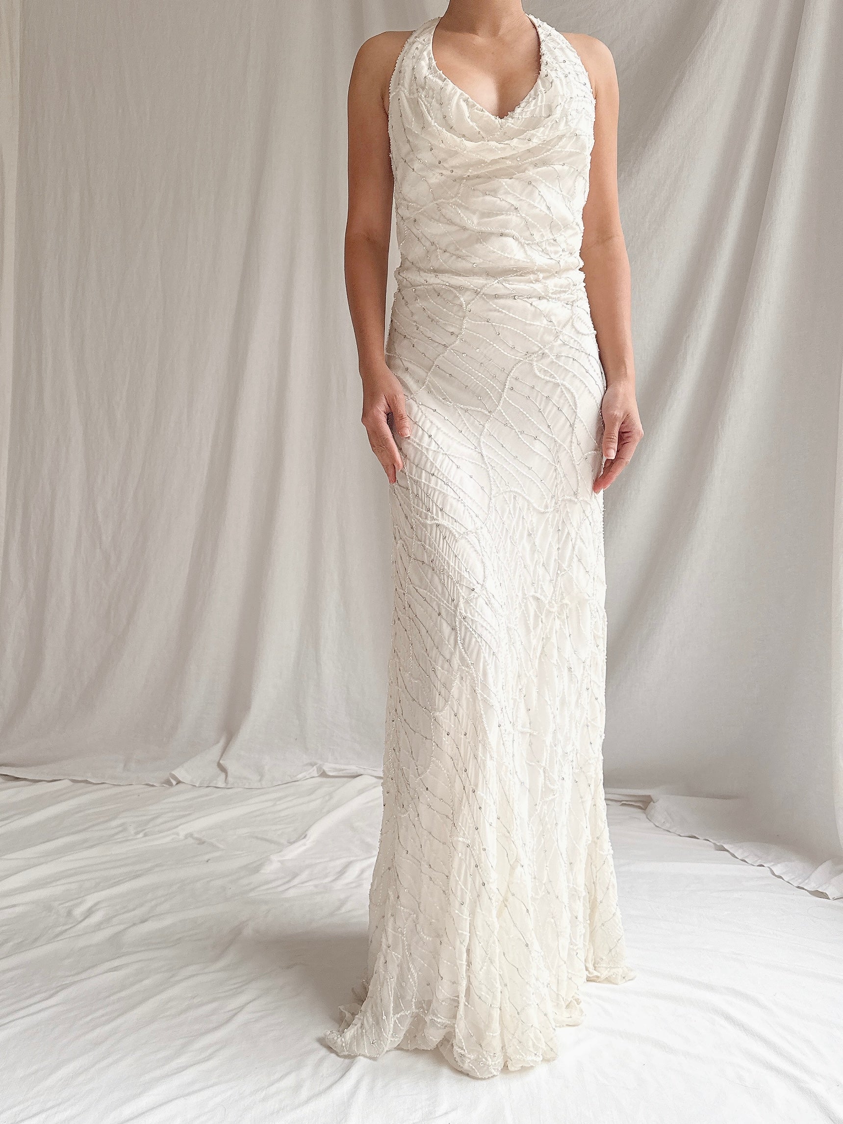 Vintage Silk Beaded Bias Halter Dress - M