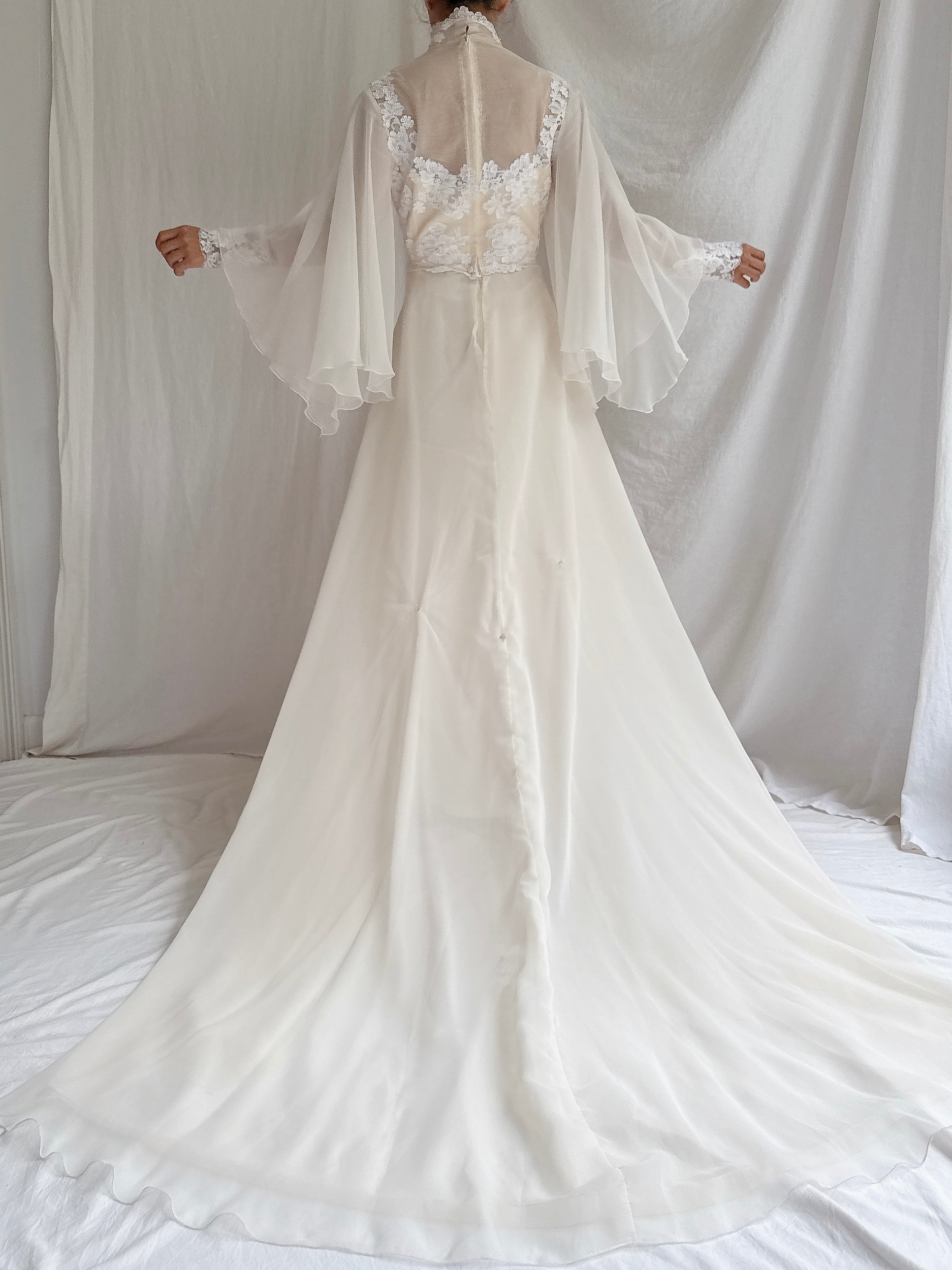 1970s Angel Sleeves Chiffon Gown - S