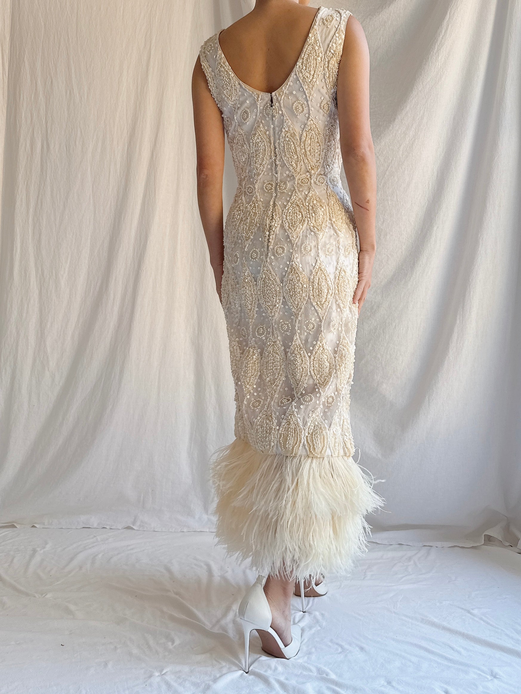 1960s Tulle Beaded Gown with Feather Embellishment - S 4-6