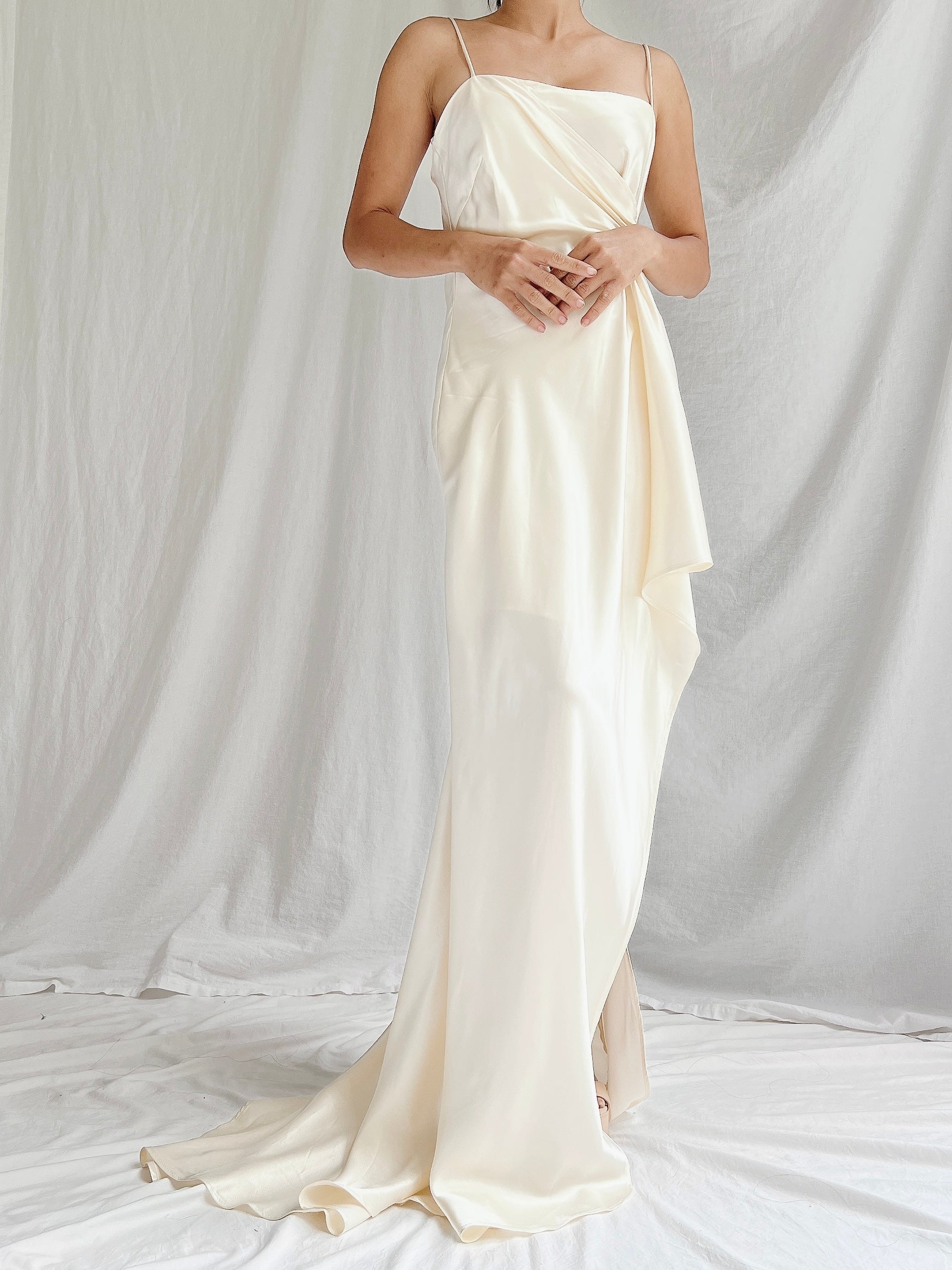 1990s Ivory Satin Draped Gown - XS