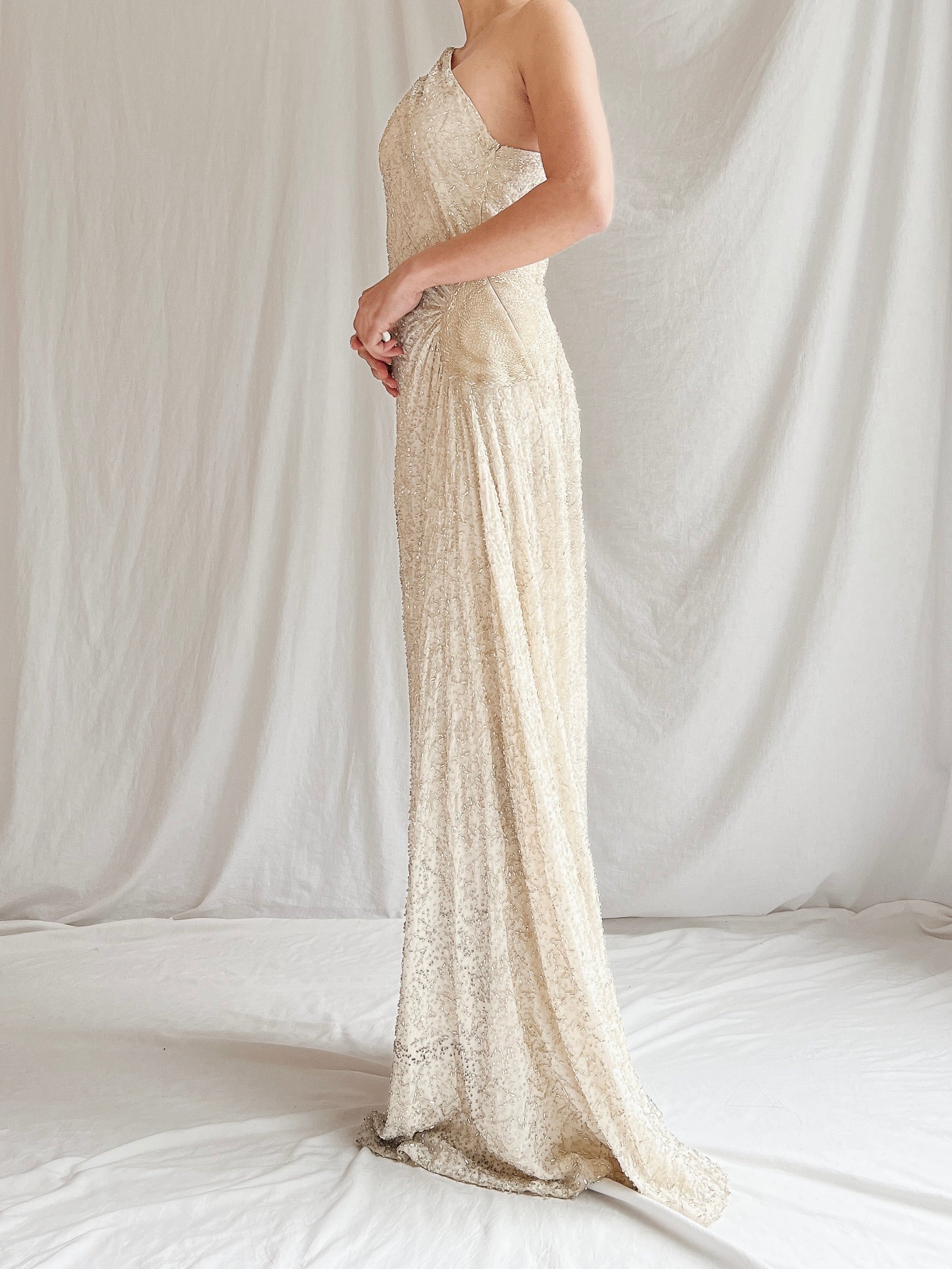 Vintage Silk One Shoulder Beaded Gown - M 6/8