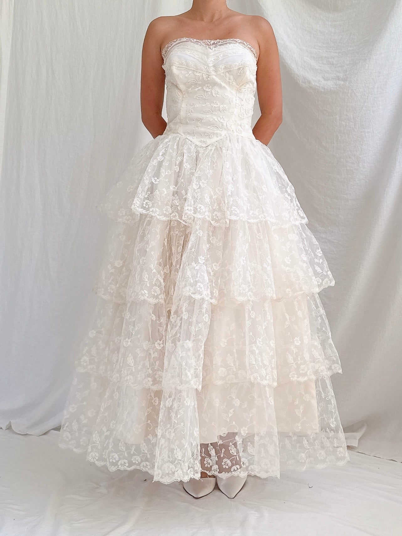 1950s Embroidered Tulle Dress -XS