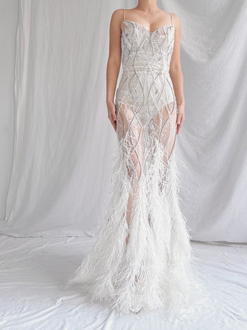 00 Stephen Yearrick Pearl Feather Gown - S-M