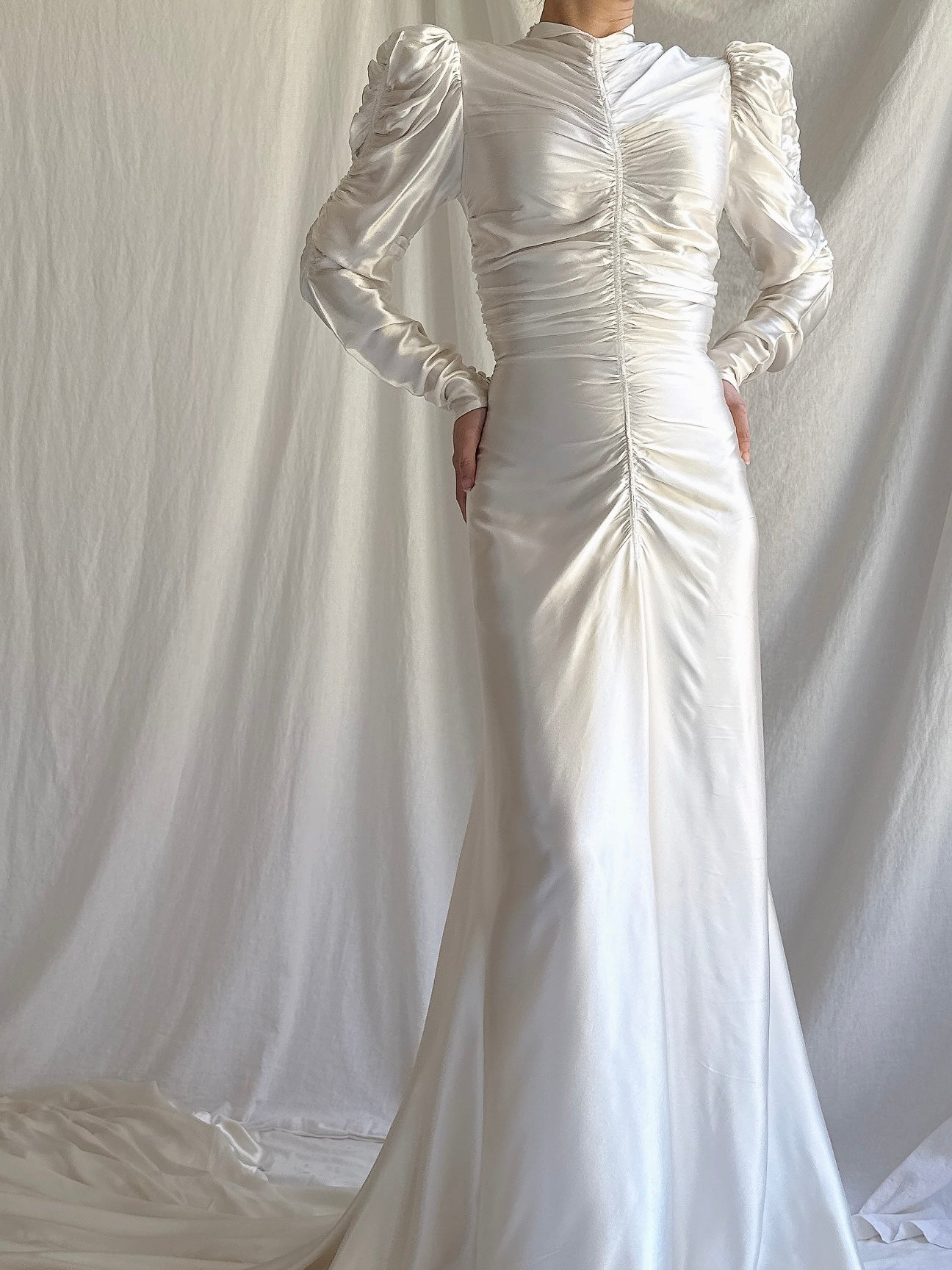 1930s Ruche Long Sleeve Satin Gown - S