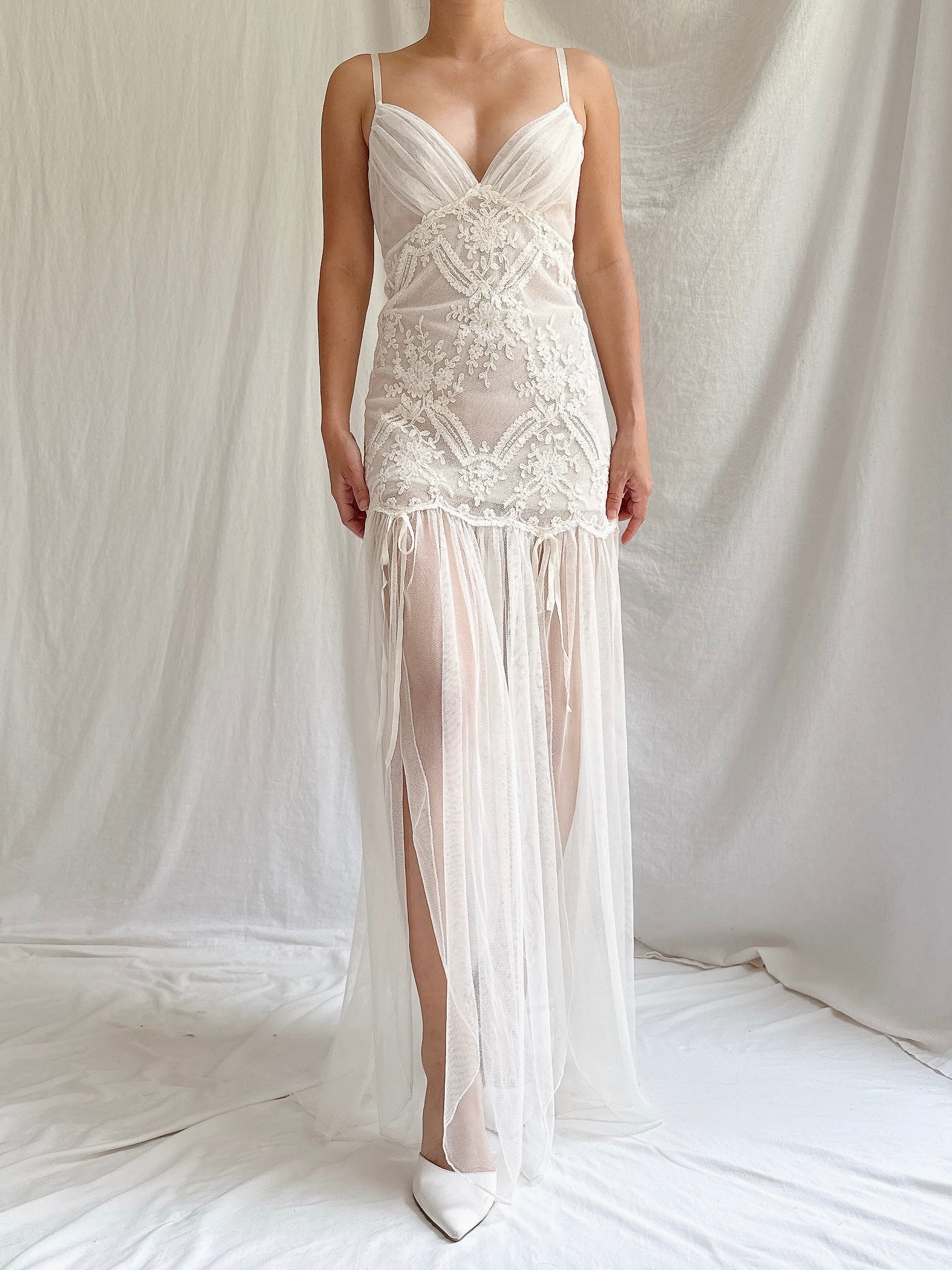 Vintage Tulle Embroidered Lace Slip Dress - S-M