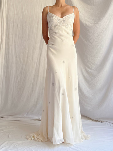 Vintage Bias Cut Silk Embellished Gown - Size S/M