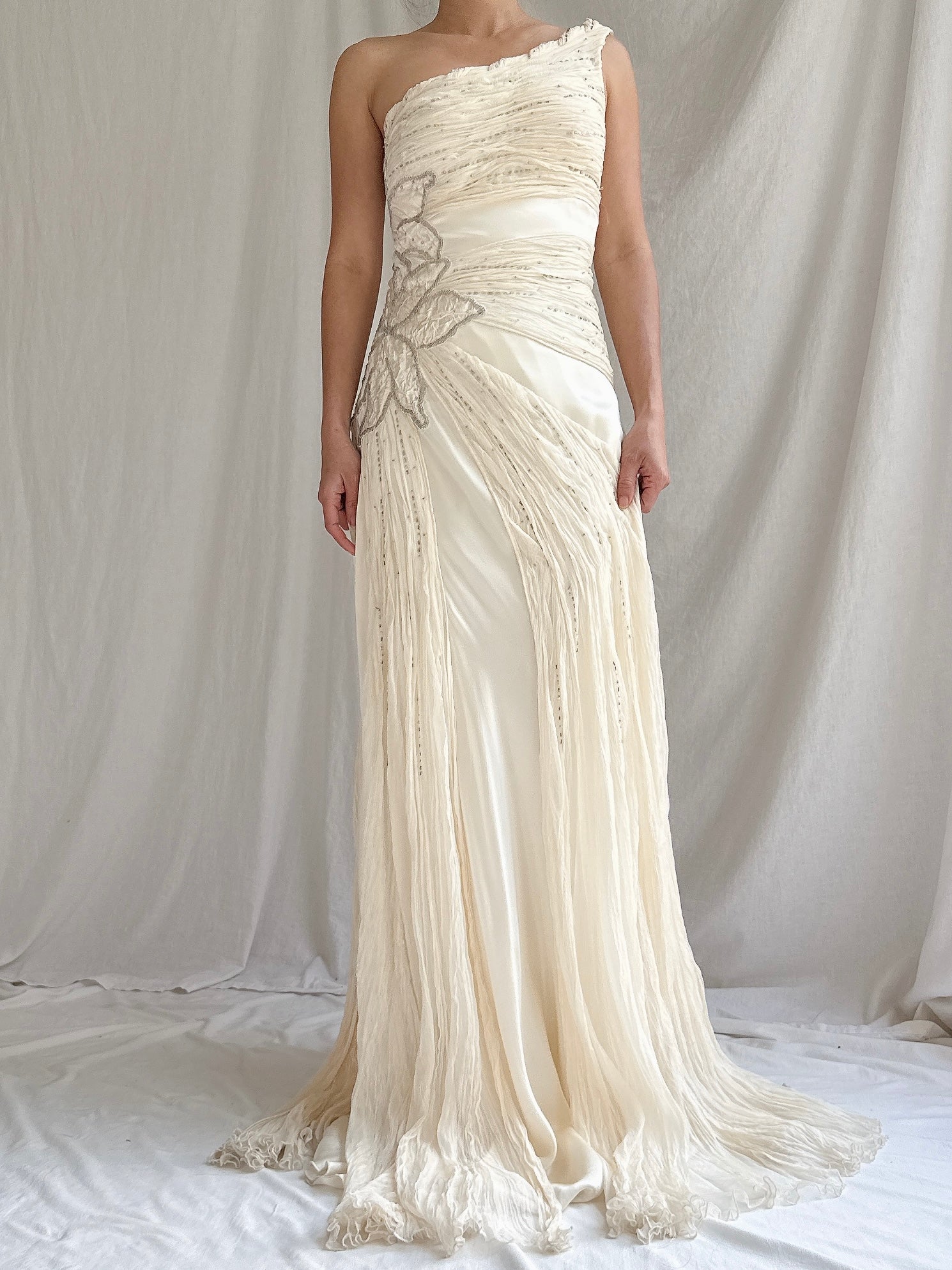 Vintage Silk Chiffon One-Shoulder Gown - M