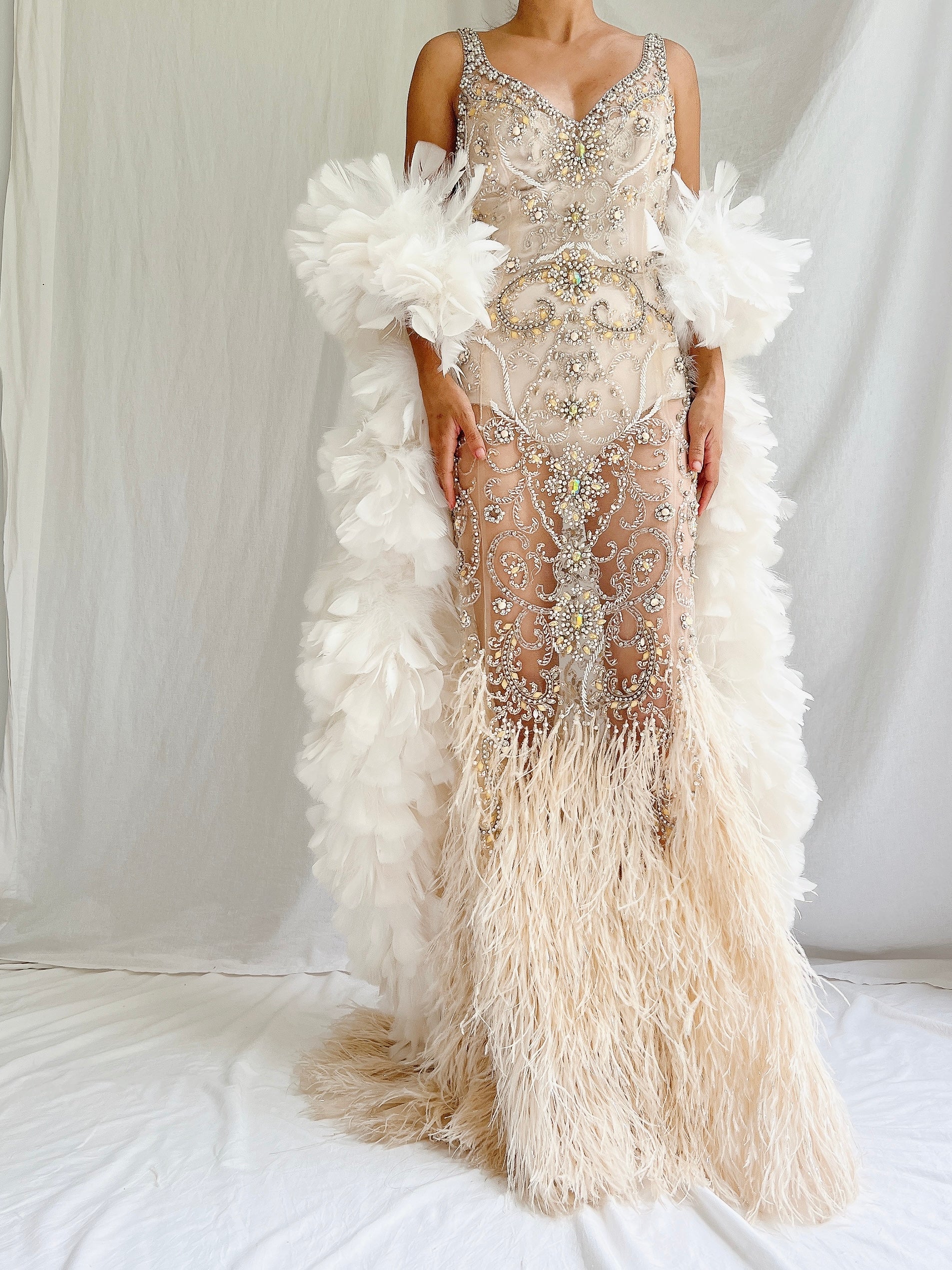 Y2K Nude Sheer Ostrich Feather Dress - S