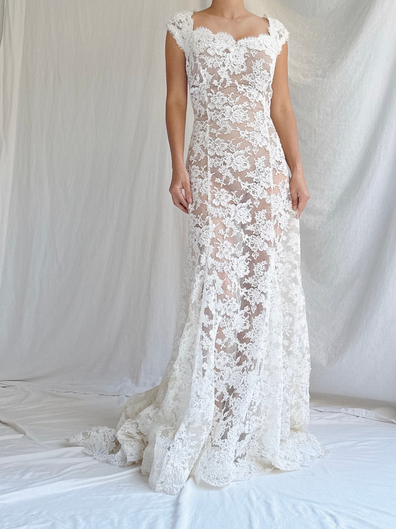 Vintage Monique Llhuilier Sheer Alencon Lace Gown - S/4