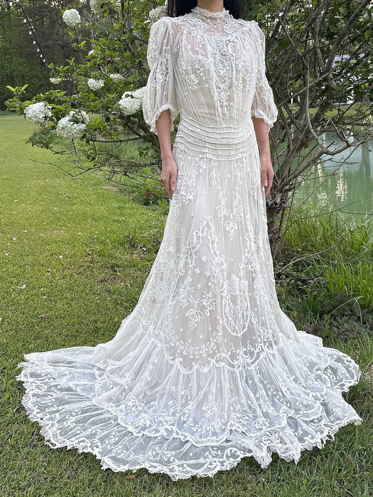 tambour lace dress Vintage 1920s 20s Tambour Lace Wedding Dress Silk Bow Buckle Detail S M
