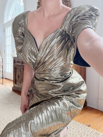 1980s Gold Metallic Pleated Dress - S/M