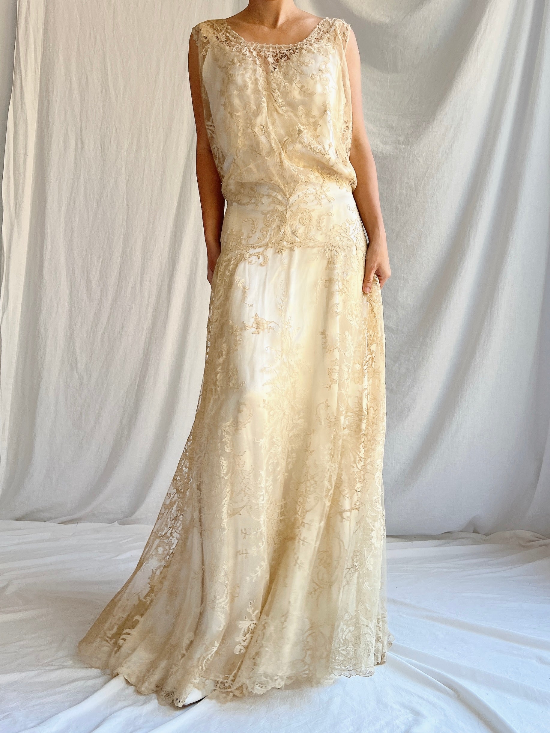 1930s Ecru Lace Gown with Slip - M