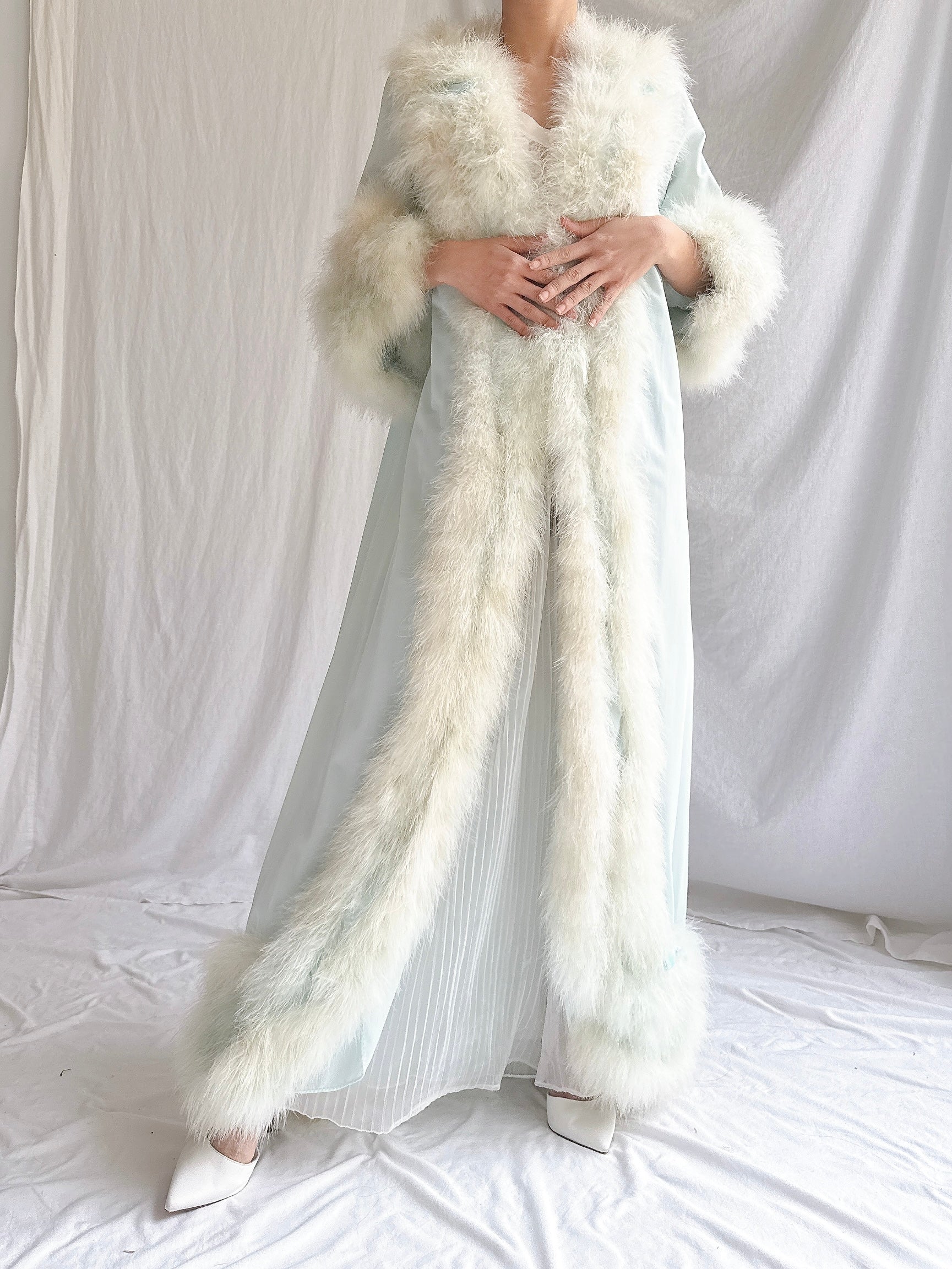 Rare 1960s Heft Baby Blue Marabou & Nylon Duster - OSFM