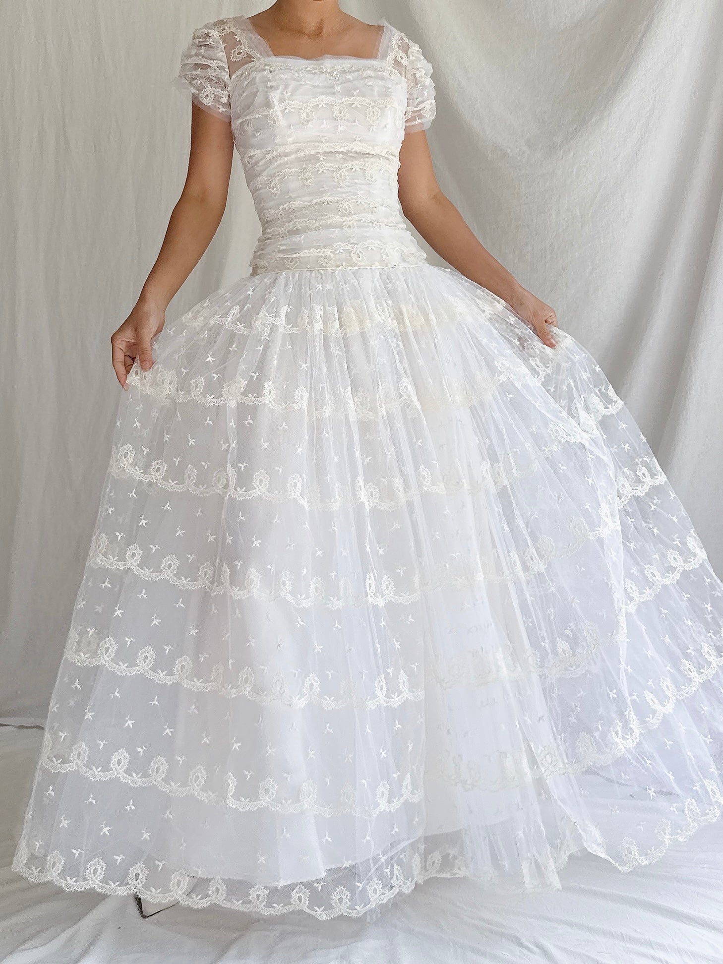 1950s Tulle Dropped Waist Embroidered Dress - S