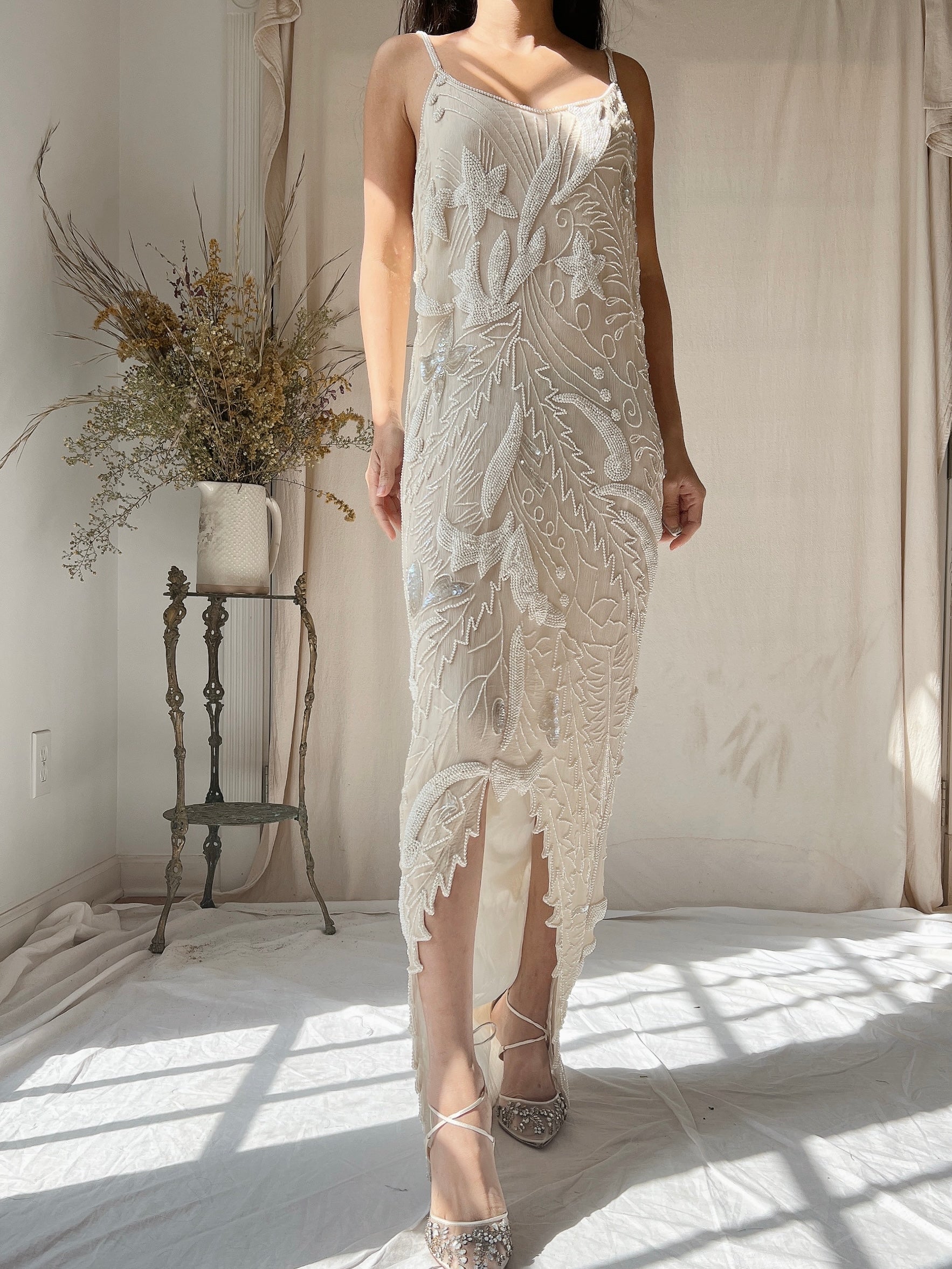1980s Silk Chiffon Seed Pearls Stars Dress - M 1980s Silk Chiffon Seed Pearls Stars Dress - M