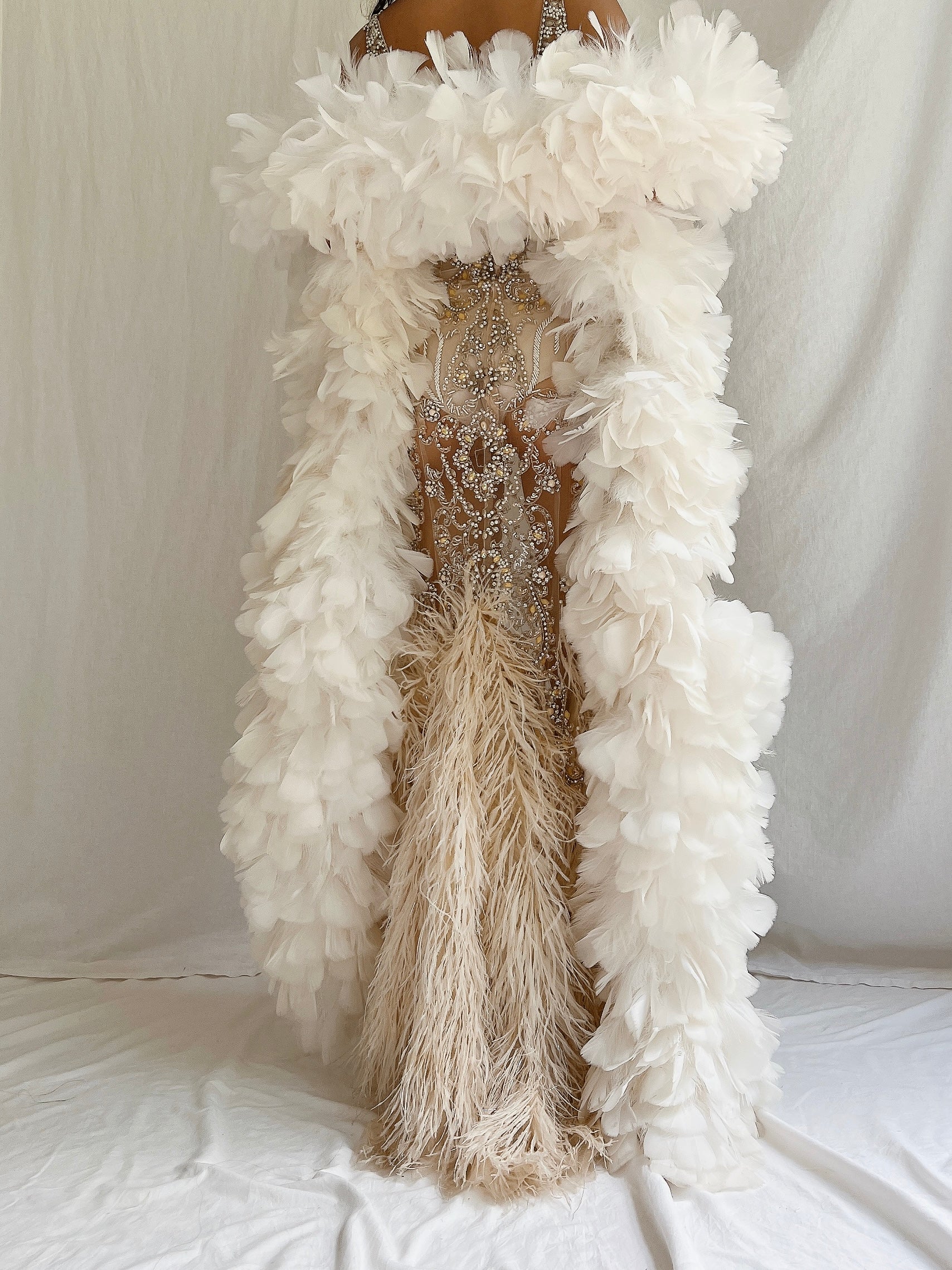 Y2K Nude Sheer Ostrich Feather Dress - S