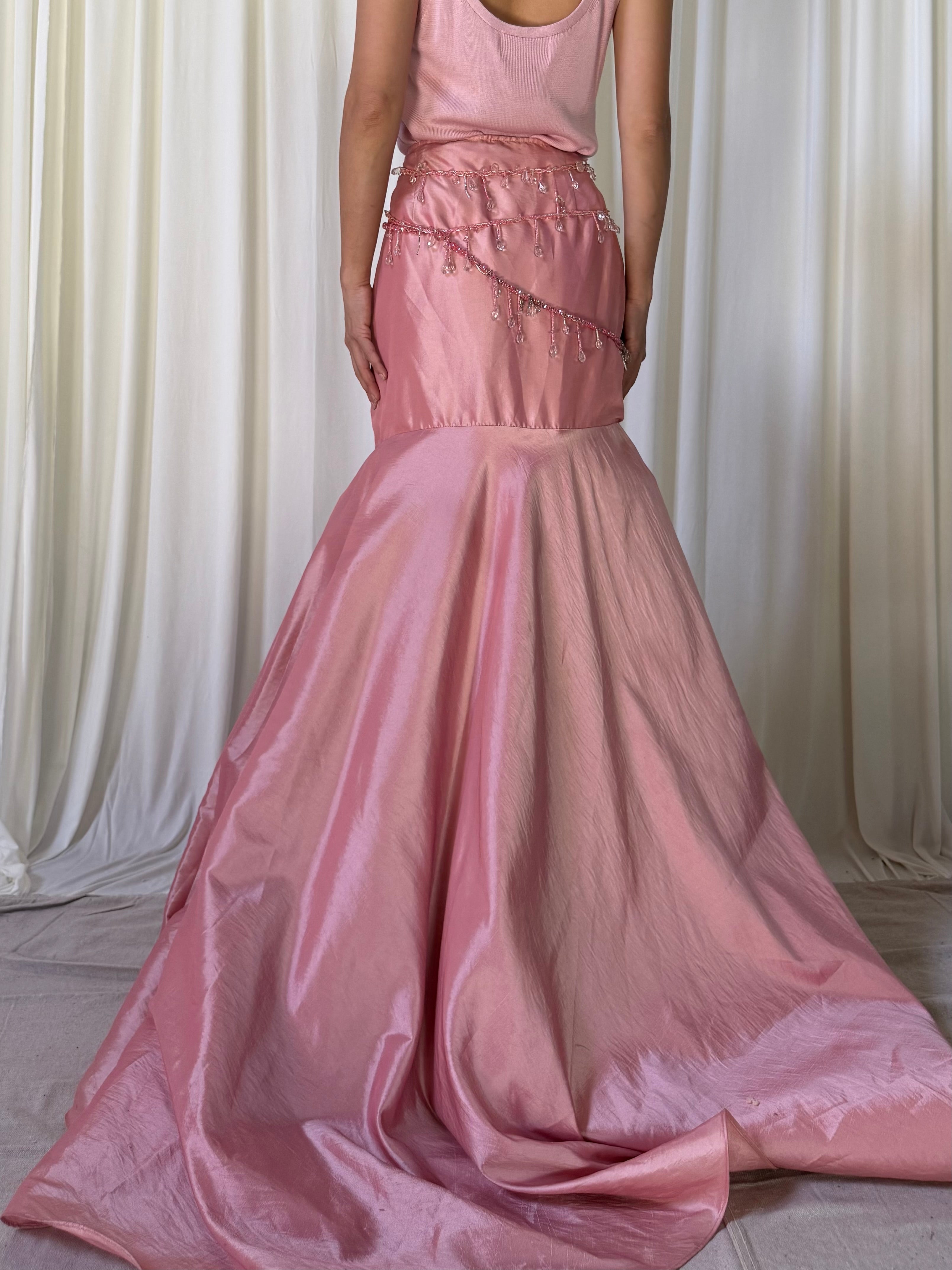 Vintage 4. Pink Taffeta Skirt w/Beaded Tassels - L