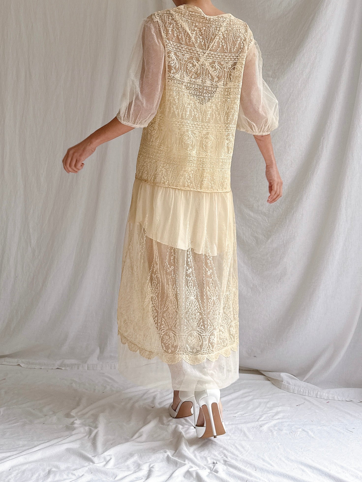 1920s Ecru Embroidered Dress - M